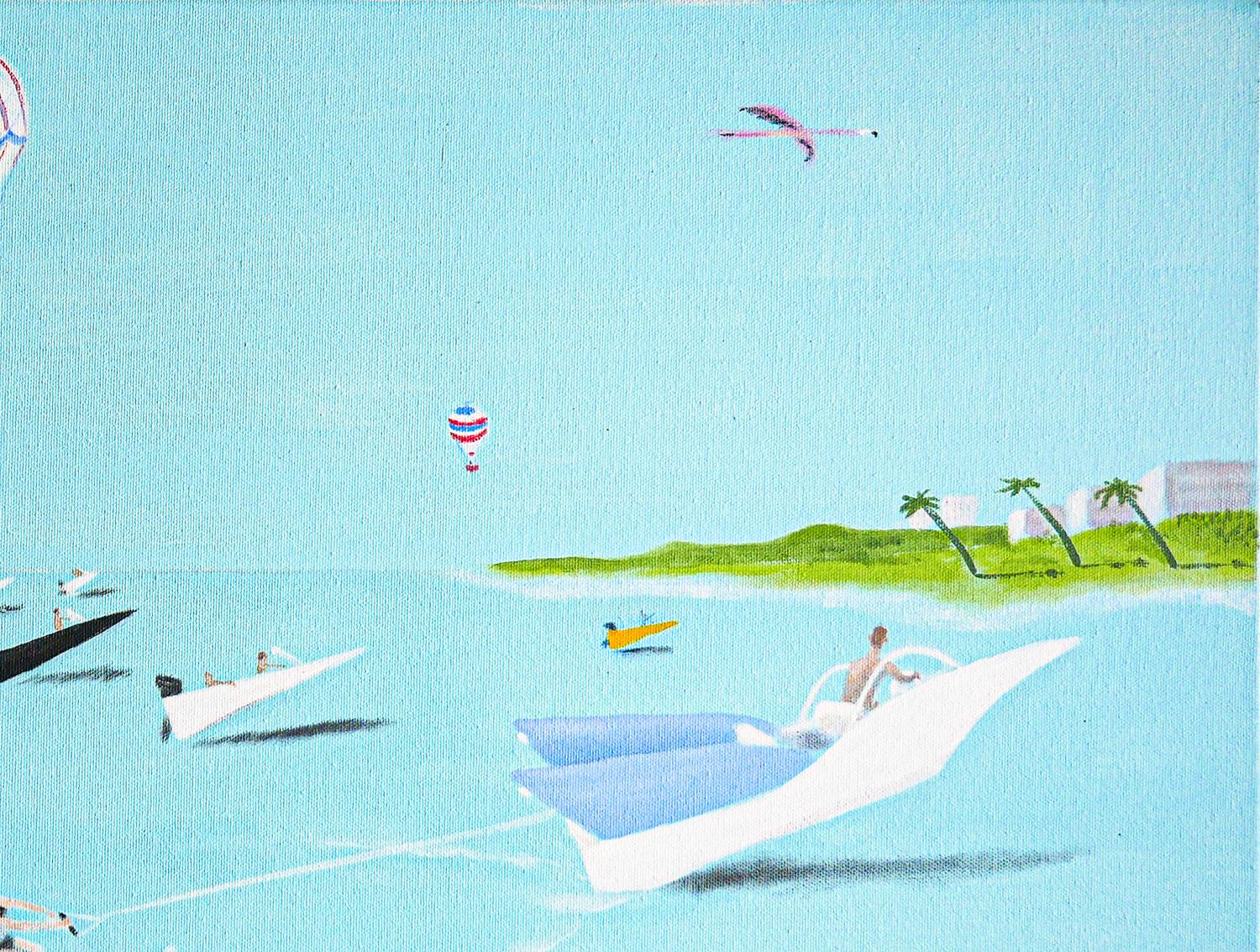 Peinture contemporaine abstraite bleu ciel, rose et vert clair de l'artiste Scott Woodard de Houston, TX. La peinture représente une scène de plage amusante avec des éléments surréalistes tels que des bateaux et des jetskis qui ressemblent à des