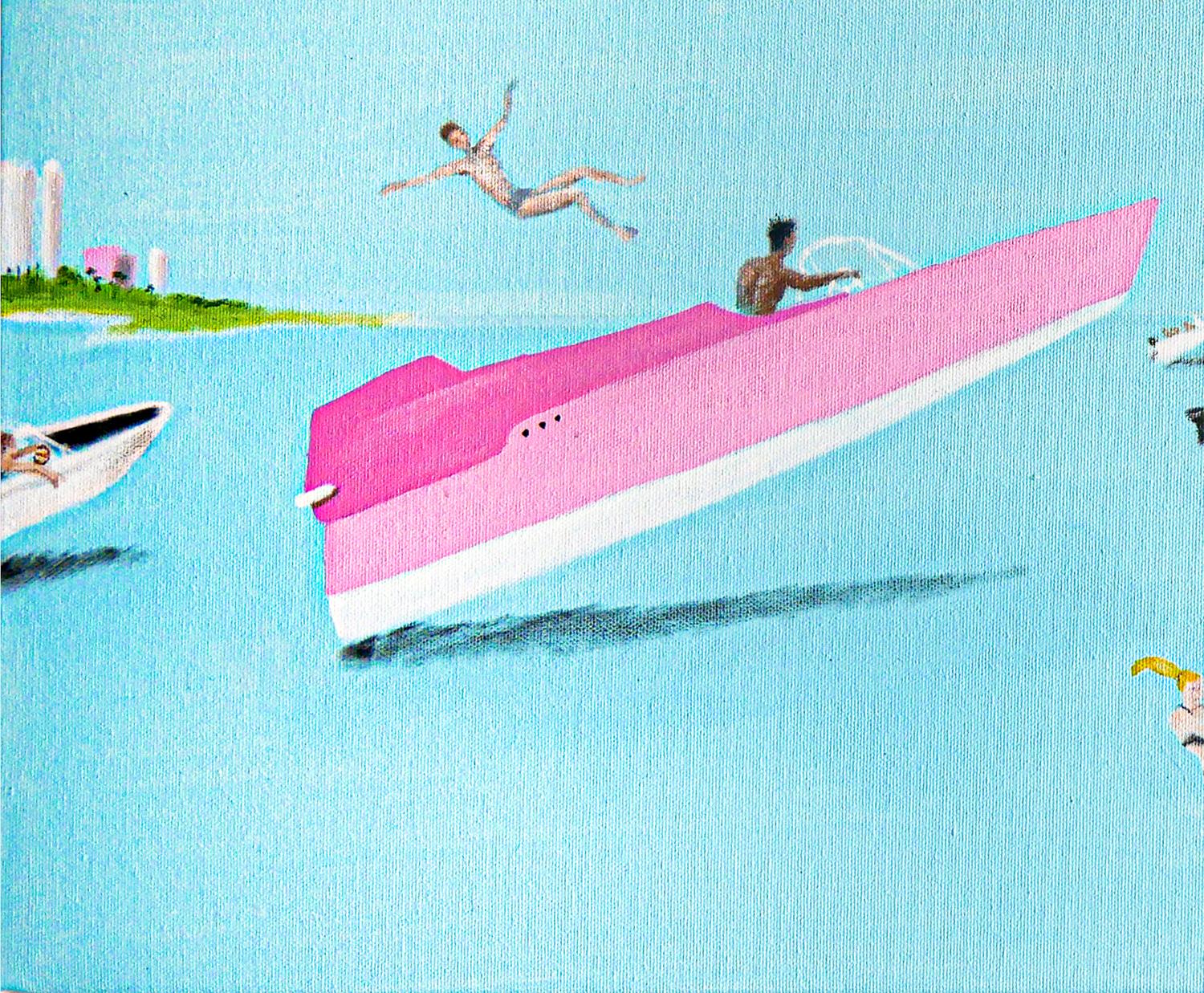 Peinture contemporaine abstraite bleu ciel, rose et vert clair de l'artiste Scott Woodard de Houston, TX. La peinture représente une scène de plage amusante avec des éléments surréalistes tels que des bateaux et des jetskis qui ressemblent à des