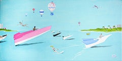 "Regatta of Sorts" Pastel Blue and Pink Abstract Contemporary Landscape Painting
