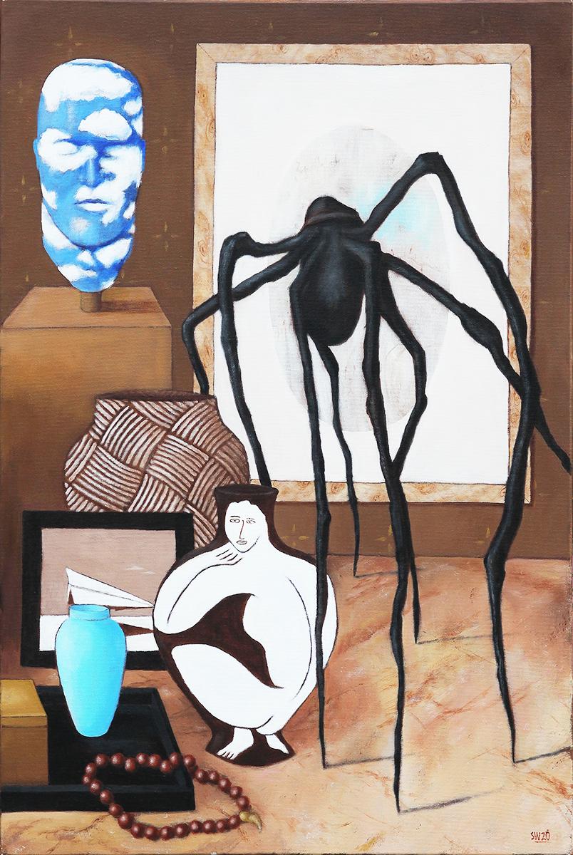 "Nature morte à l'araignée de Rene His" Peinture d'intérieur réaliste contemporaine