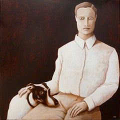 "Silence" Sepia-Toned Abstract Figurative Surrealist Man with Dog Portrait