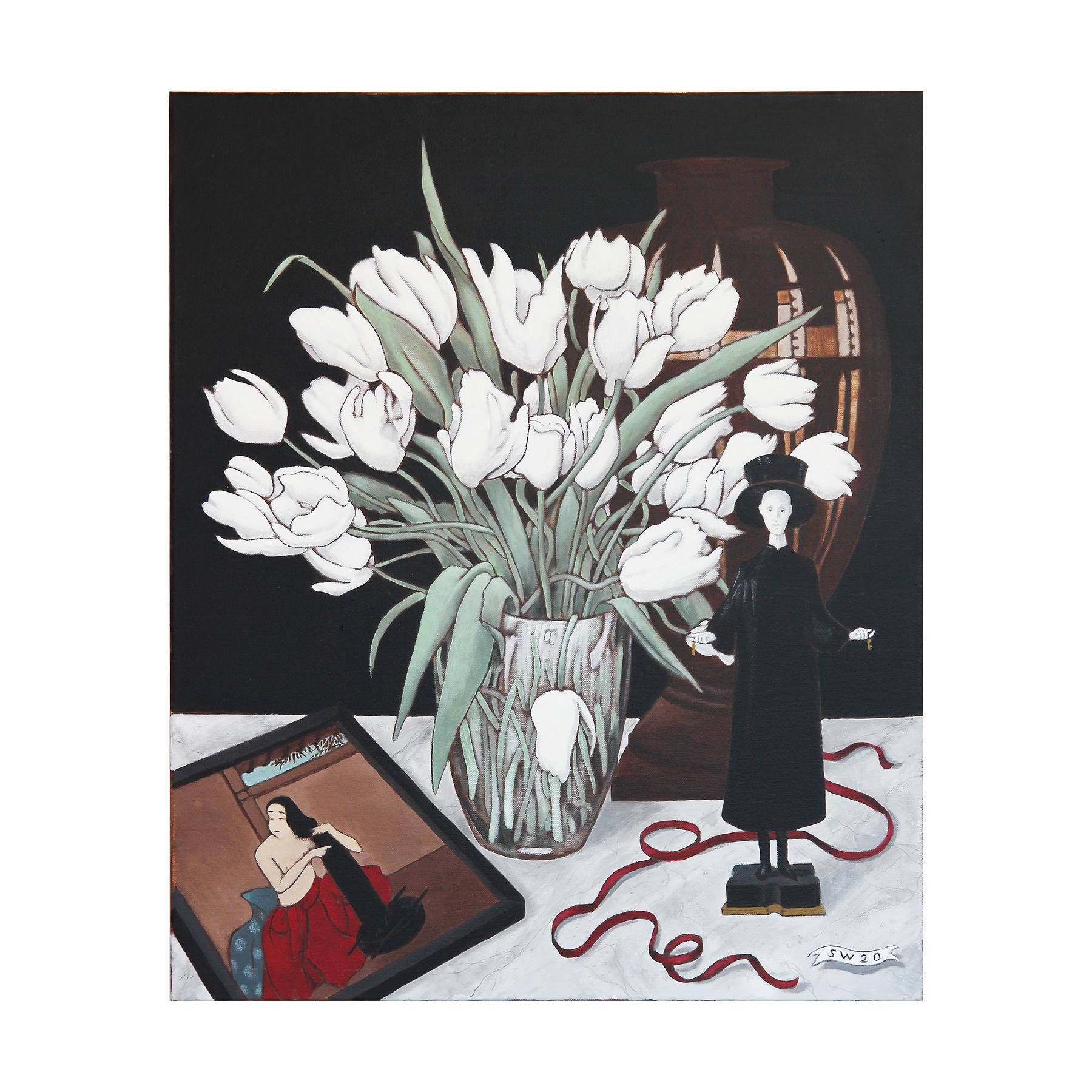 Scott Woodard Interior Painting - “Still Life With Tulips” Contemporary Realist Art Historical Still Life Painting