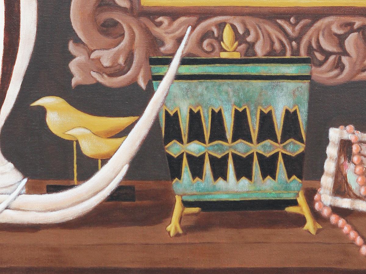« St. Sébastian Still Life - Grande jarre à rayures - Peinture d'intérieur réaliste contemporaine » - Marron Still-Life Painting par Scott Woodard