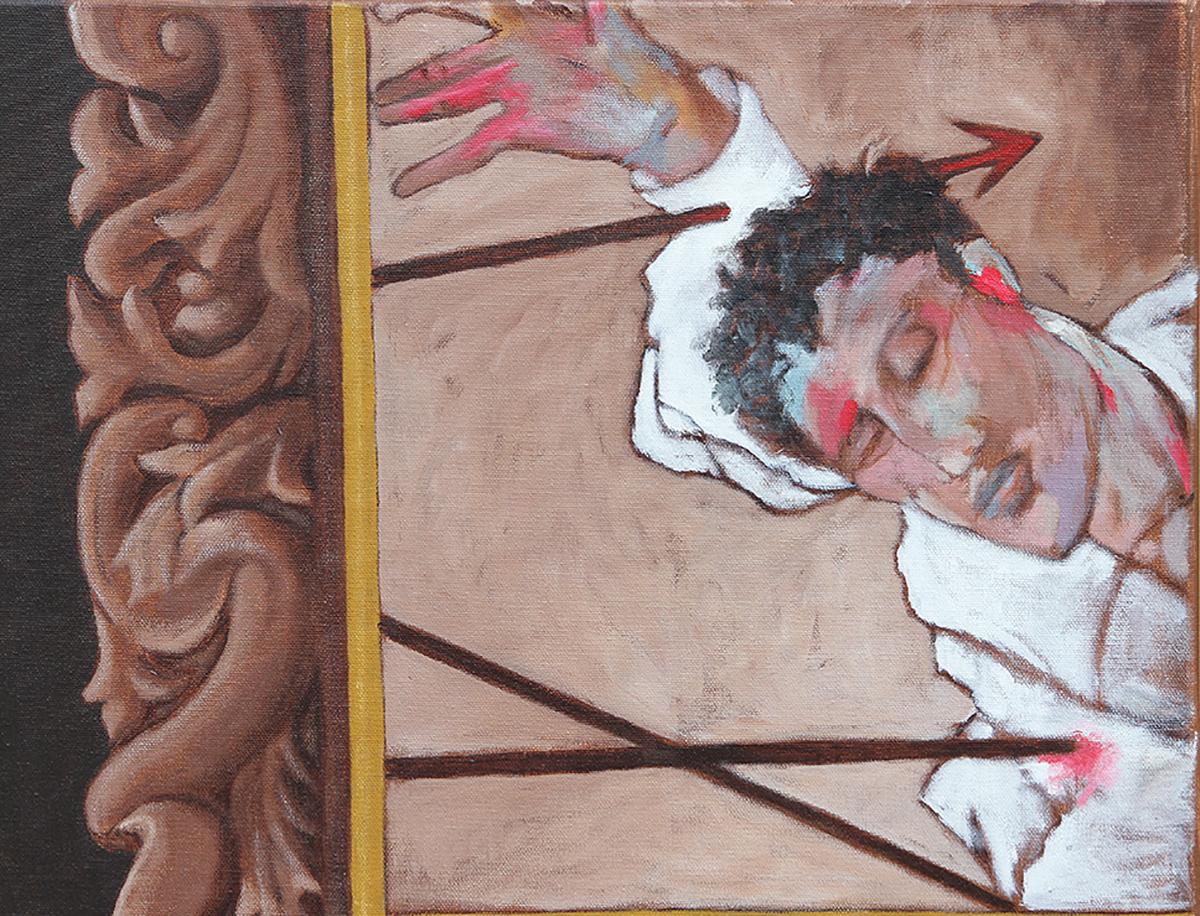 « St. Sébastian Still Life - Grande jarre à rayures - Peinture d'intérieur réaliste contemporaine » - Réalisme Painting par Scott Woodard