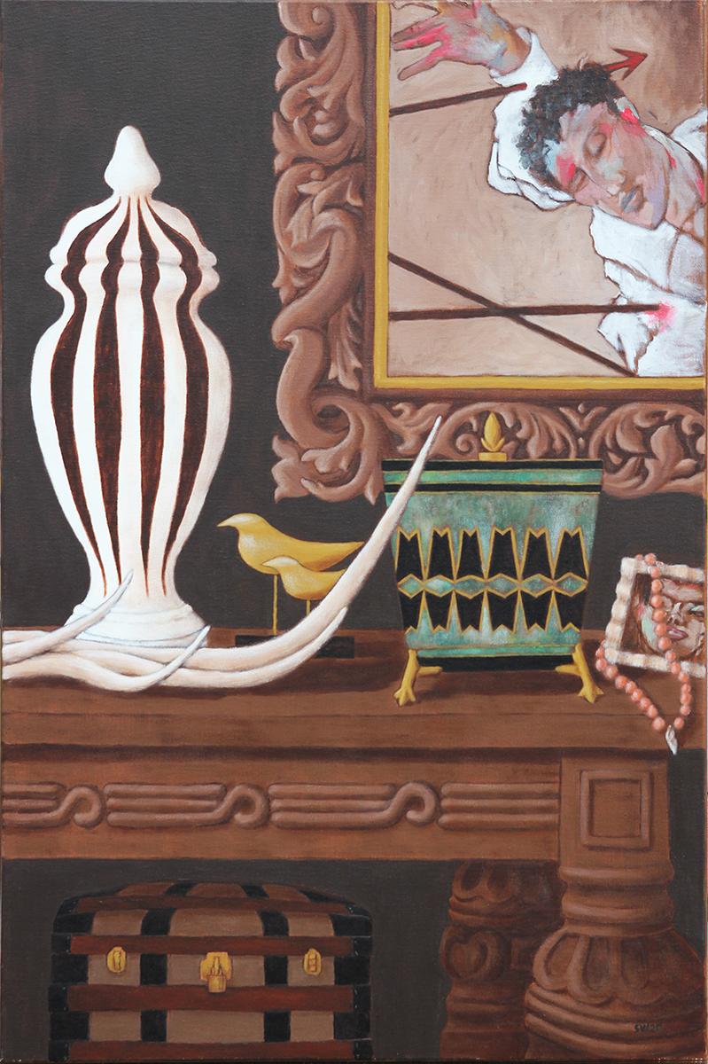 Still-Life Painting Scott Woodard - « St. Sébastian Still Life - Grande jarre à rayures - Peinture d'intérieur réaliste contemporaine »