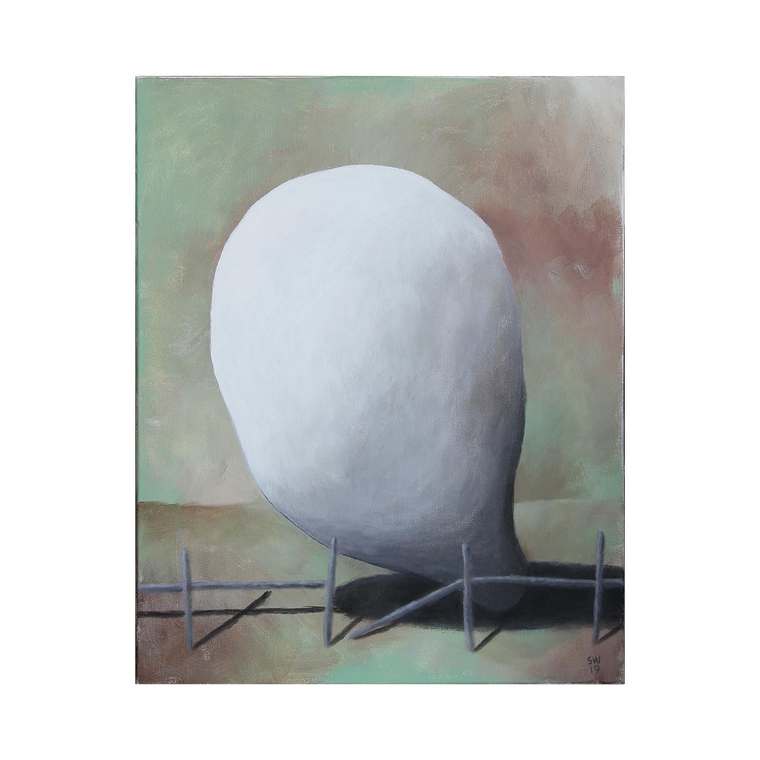 Zeitgenössische pastellfarbene surrealistische Landschaft mit amorpher Form, „The Edge of Glory“ – Painting von Scott Woodard