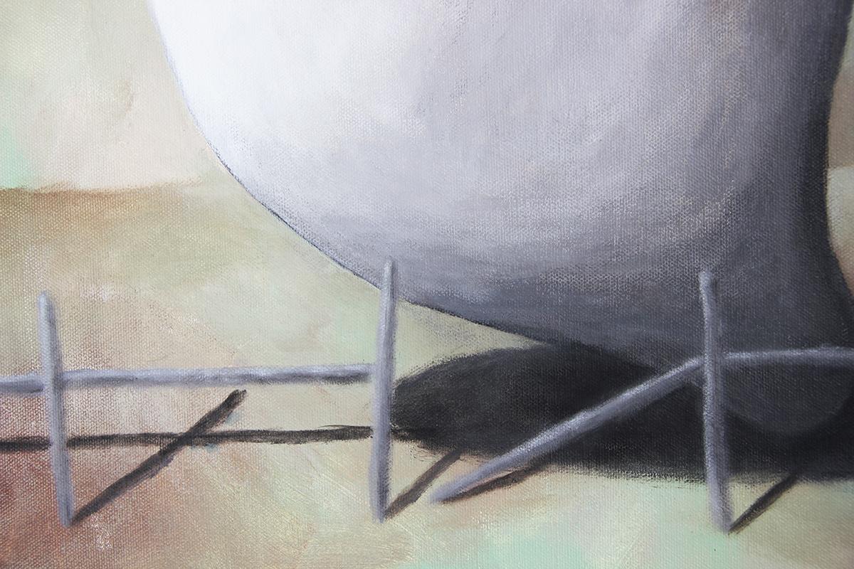 Zeitgenössische pastellfarbene surrealistische Landschaft mit amorpher Form, „The Edge of Glory“ (Grau), Landscape Painting, von Scott Woodard
