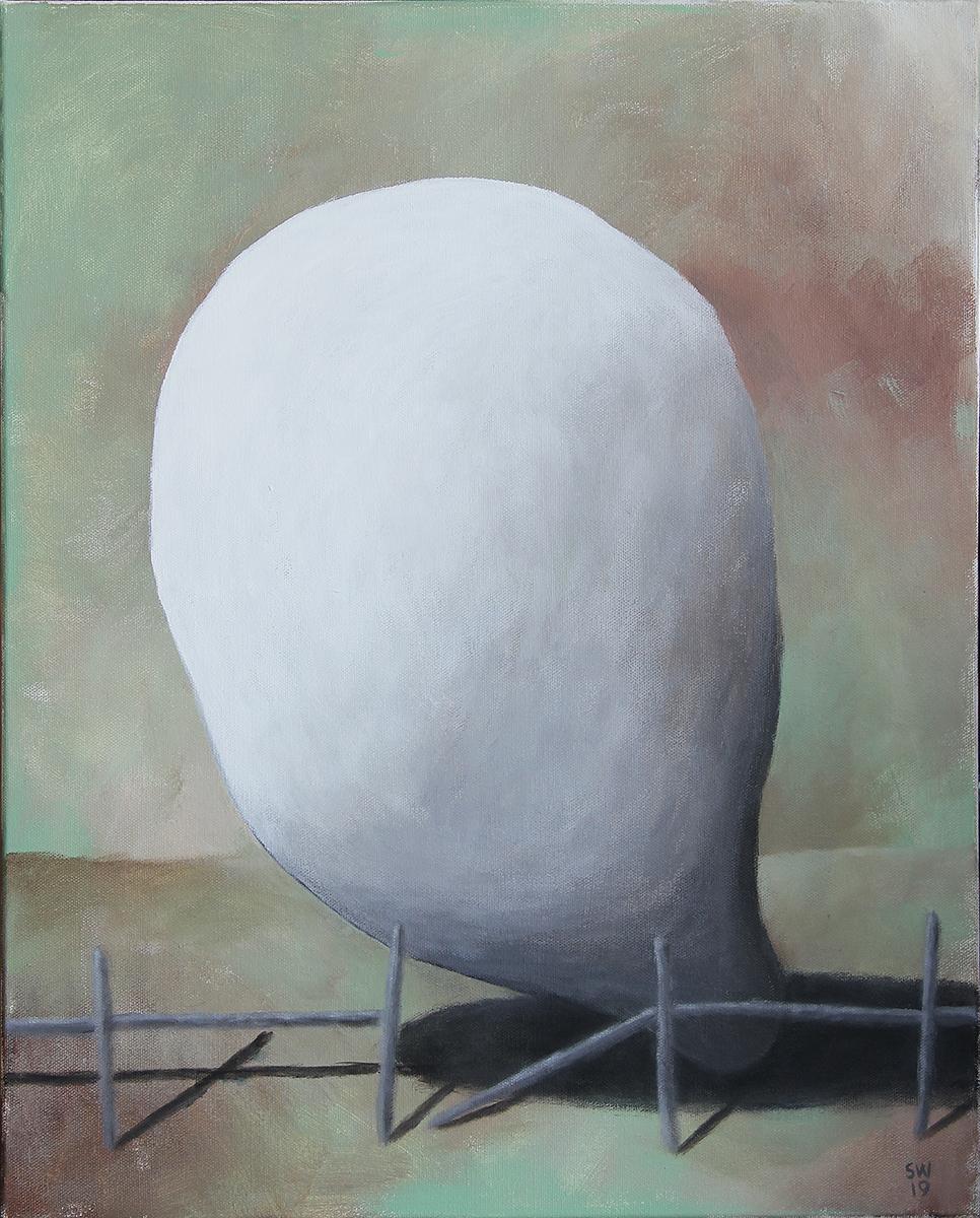 Scott Woodard Landscape Painting – Zeitgenössische pastellfarbene surrealistische Landschaft mit amorpher Form, „The Edge of Glory“