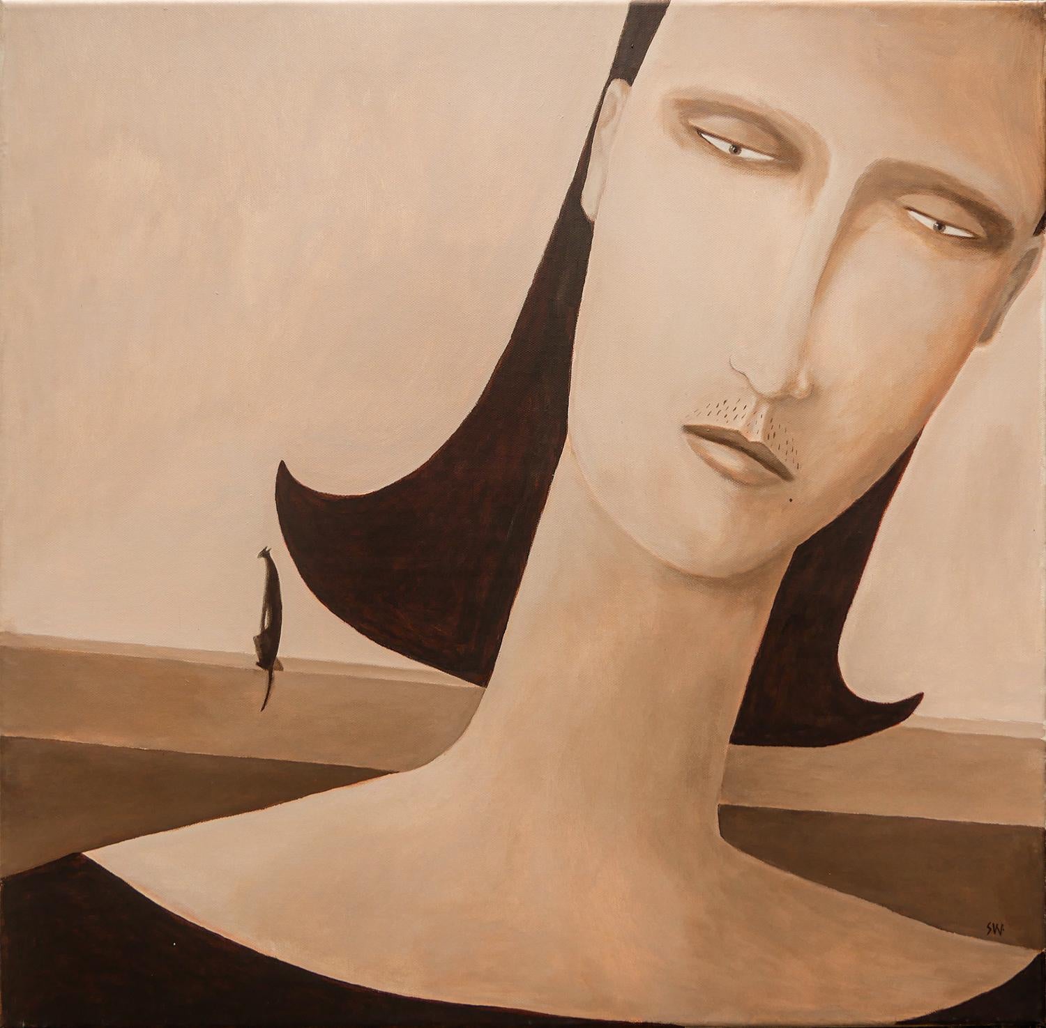 Brown / sepia-toned abstract figurative surrealistic painting by Houston, TX artist Scott Woodard. The painting depicts a figure with shoulder-length hair against a serene minimalist background with a cat. Signed by the artist at the bottom right.
