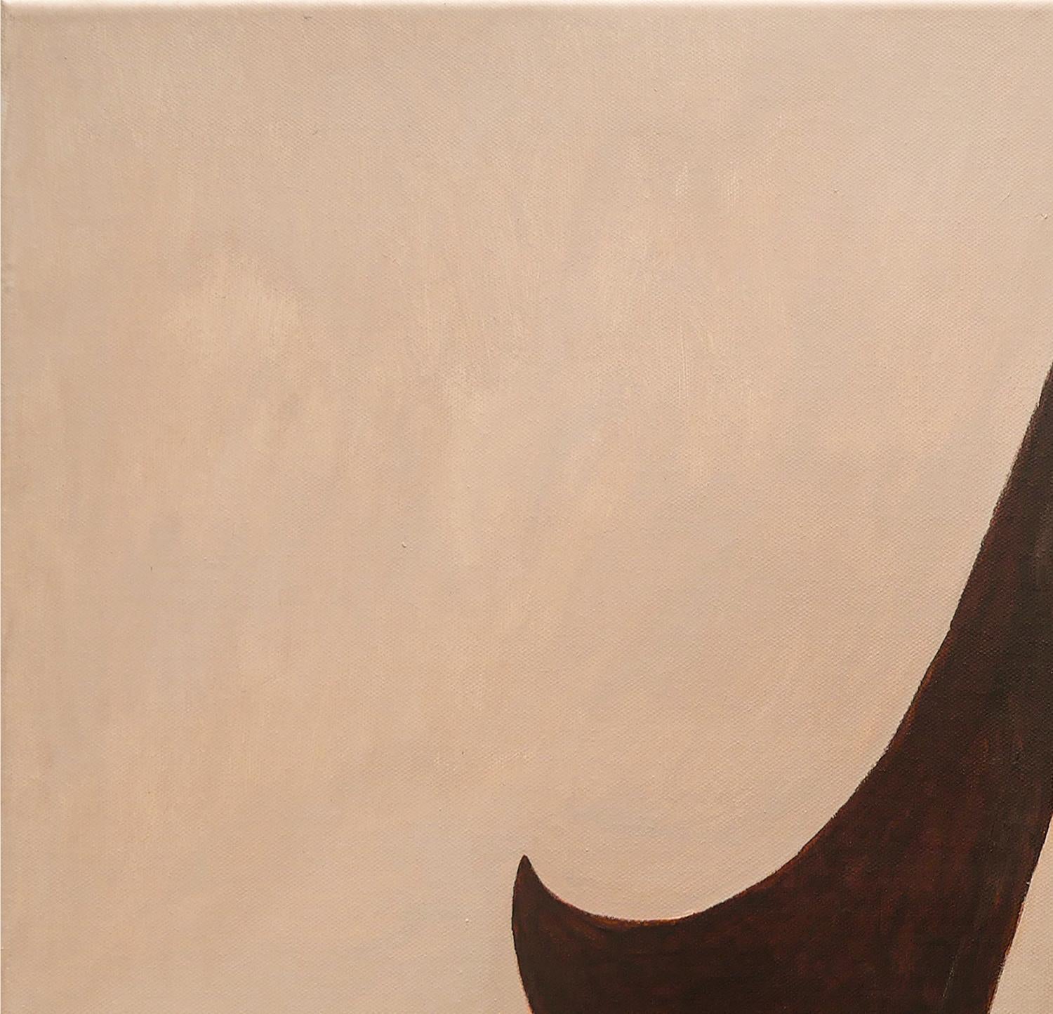 Peinture abstraite figurative surréaliste de couleur marron / sépia de l'artiste Scott Woodard de Houston, TX. Le tableau représente un personnage aux cheveux longs sur un fond minimaliste serein avec un chat. Signé par l'artiste en bas à droite.