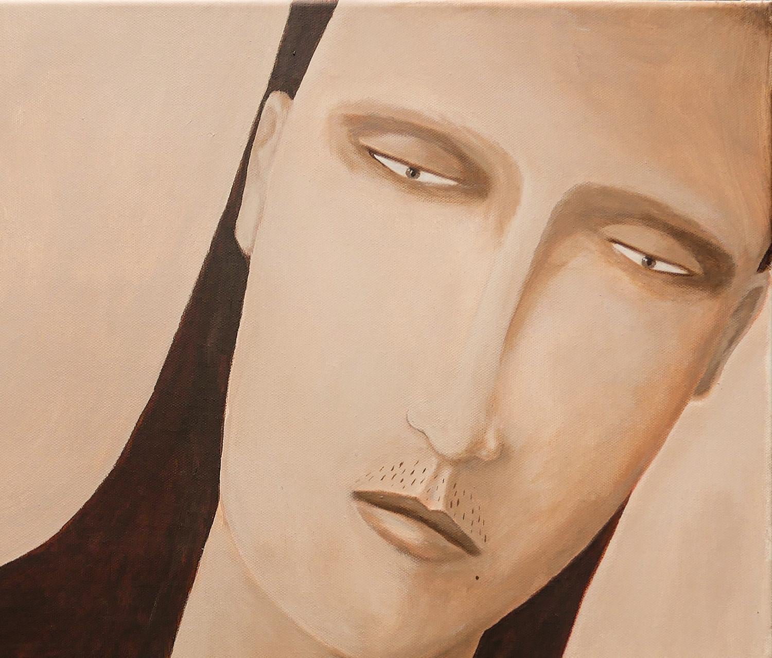 Pintura abstracta figurativa surrealista de tono marrón / sepia del artista de Houston, TX, Scott Woodard. El cuadro representa una figura con el pelo hasta los hombros sobre un sereno fondo minimalista con un gato. Firmado por el artista en la