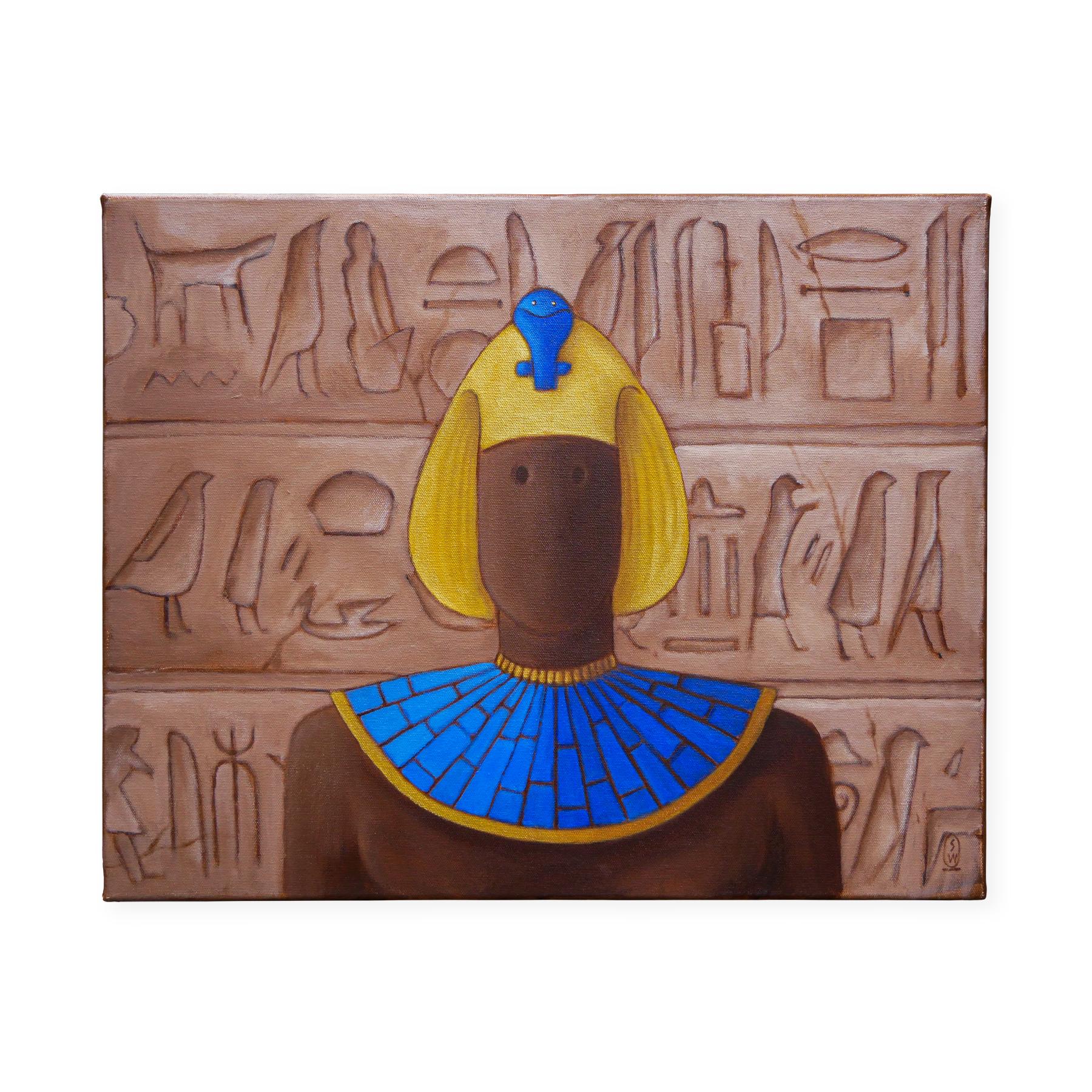 Brown and blue abstract figurative painting by Houston, TX artist Scott Woodard. The painting depicts a pharaoh wearing a blue headdress against a wall of ancient hieroglyphs. Signed by the artist at the bottom right. Titled and dated at the back.