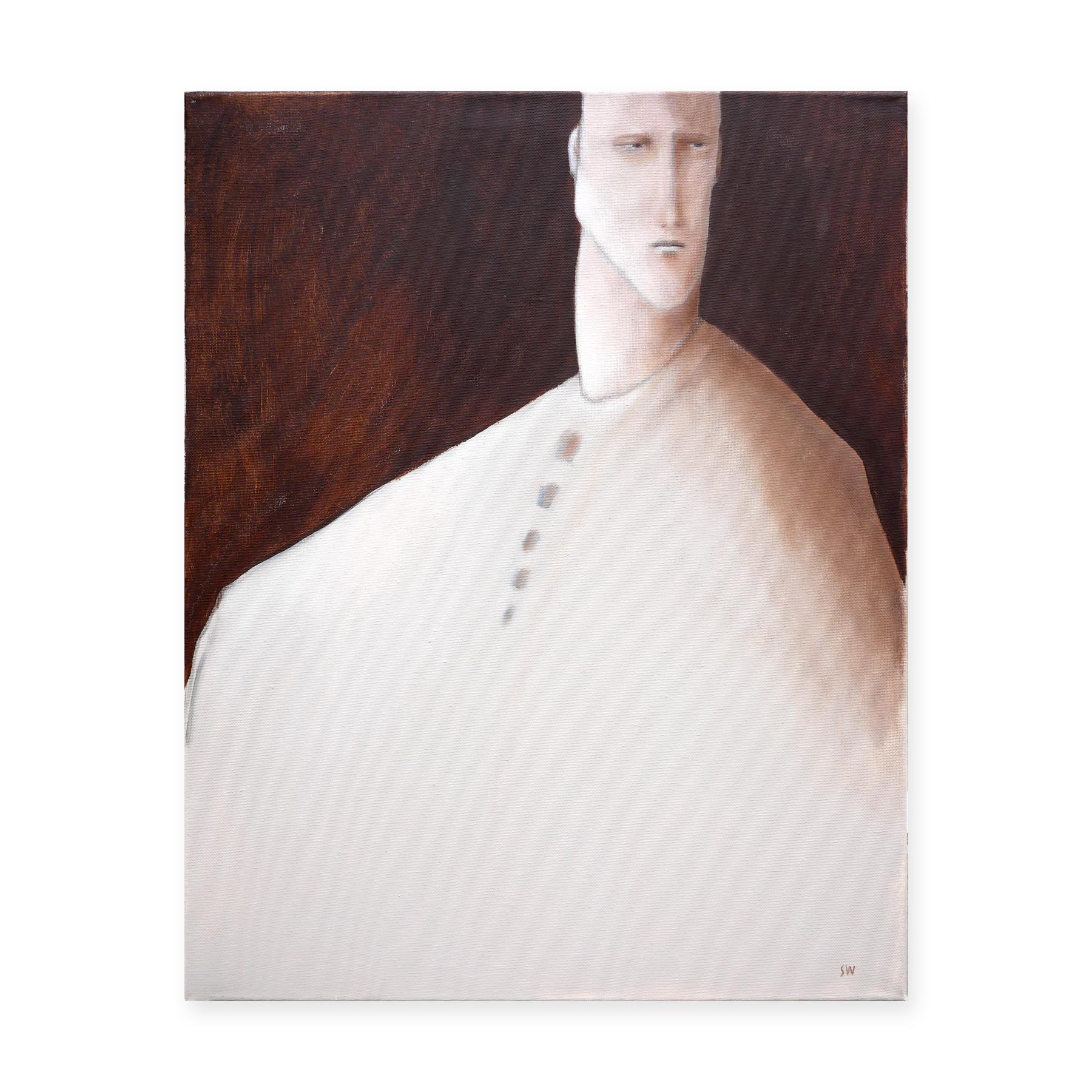 Brown-toned abstract figurative painting by Houston, TX artist Scott Woodard. The painting depicts a man in a white garment seated against a dark brown background. Signed by the artist at the bottom right and titled and dated at the back. Unframed