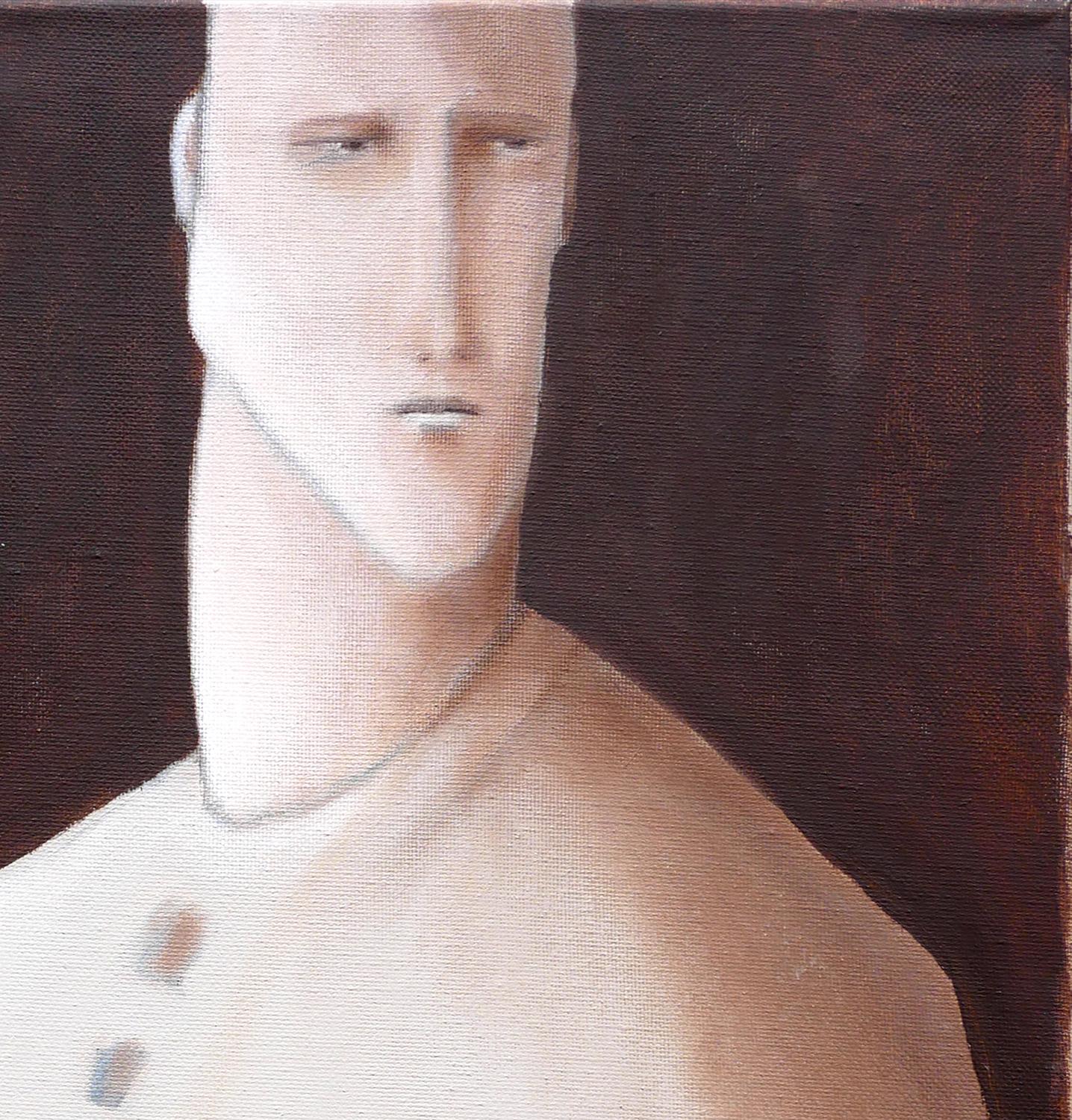 Peinture abstraite figurative aux tons bruns de l'artiste Scott Woodard de Houston, TX. Le tableau représente un homme vêtu d'un vêtement blanc, assis sur un fond brun foncé. Signé par l'artiste en bas à droite et titré et daté au dos. Non encadré