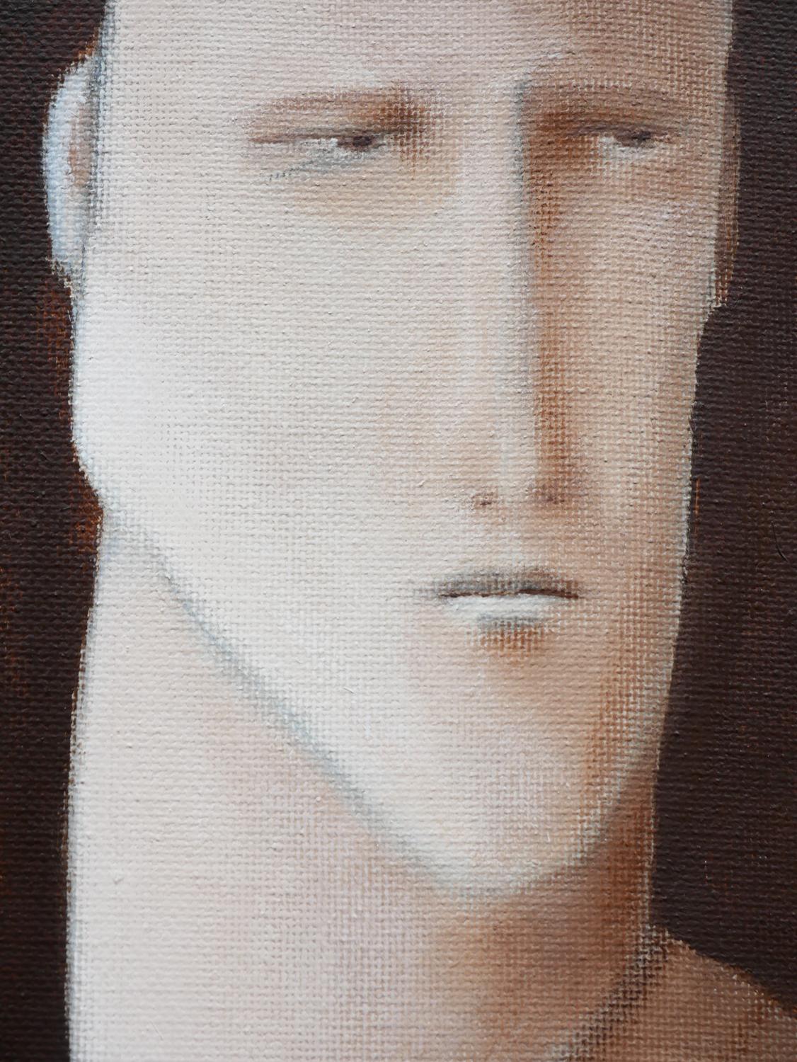 „V“ Braunes, monochromes, zeitgenössisches, surrealistisches Gemälde eines Gentleman im Angebot 2
