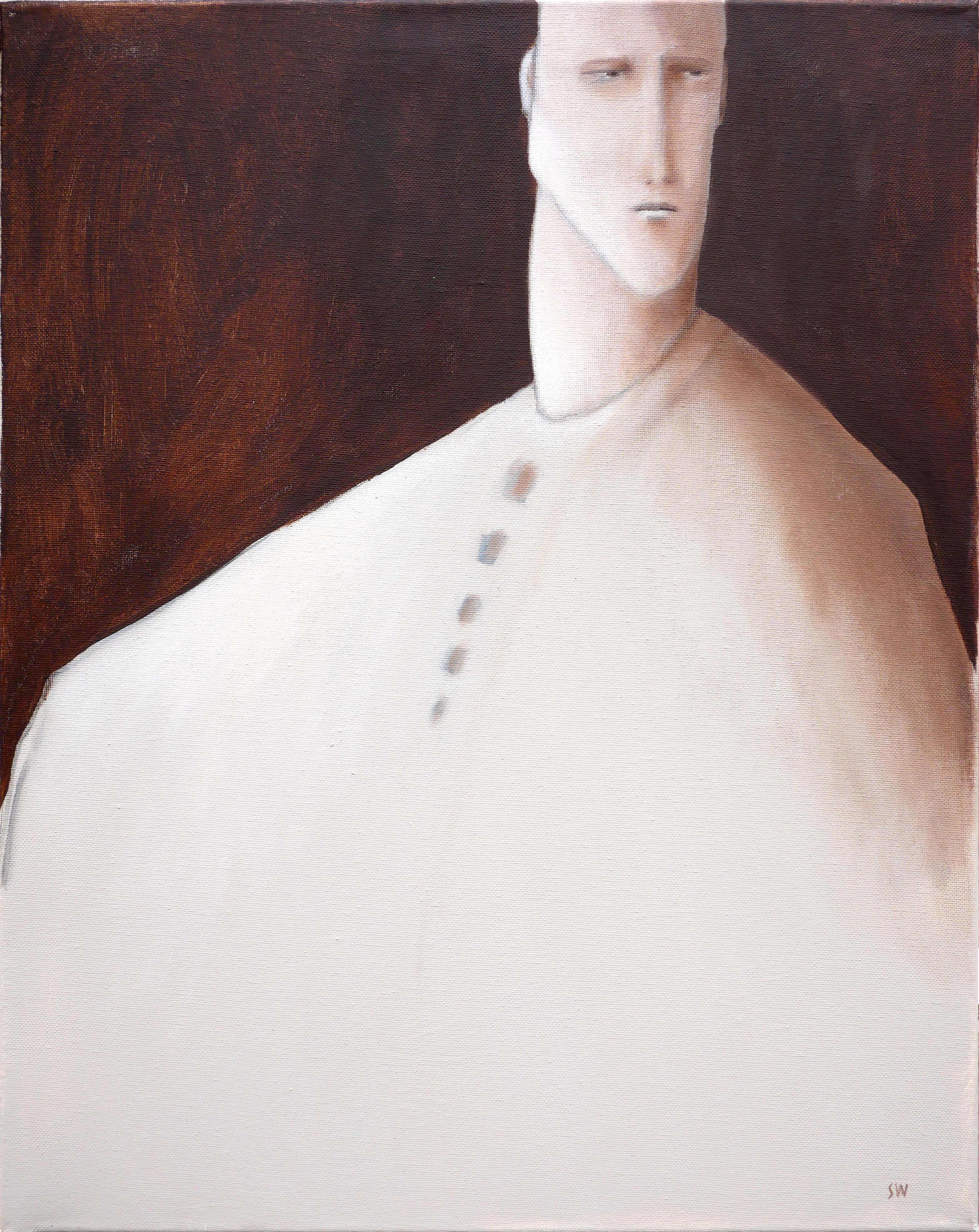 Figurative Painting Scott Woodard - Peinture surréaliste contemporaine monochrome de type « V » d'un homme aux tons bruns