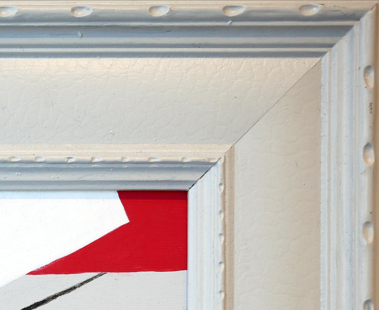 Red, gray, and white geometric abstract painting by Houston, TX artist Scott Woodard. The painting depicts a geometric white plane floating or falling on a gray-colored ground with a plain red-colored horizon. The painting is signed by the artist at