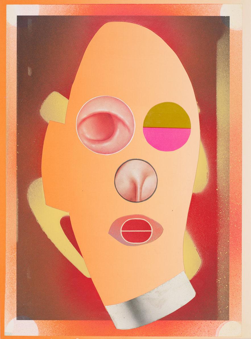 Scott Zieher Abstract Painting - ARP FACE - Collage, mixed media painting on paper, orange 