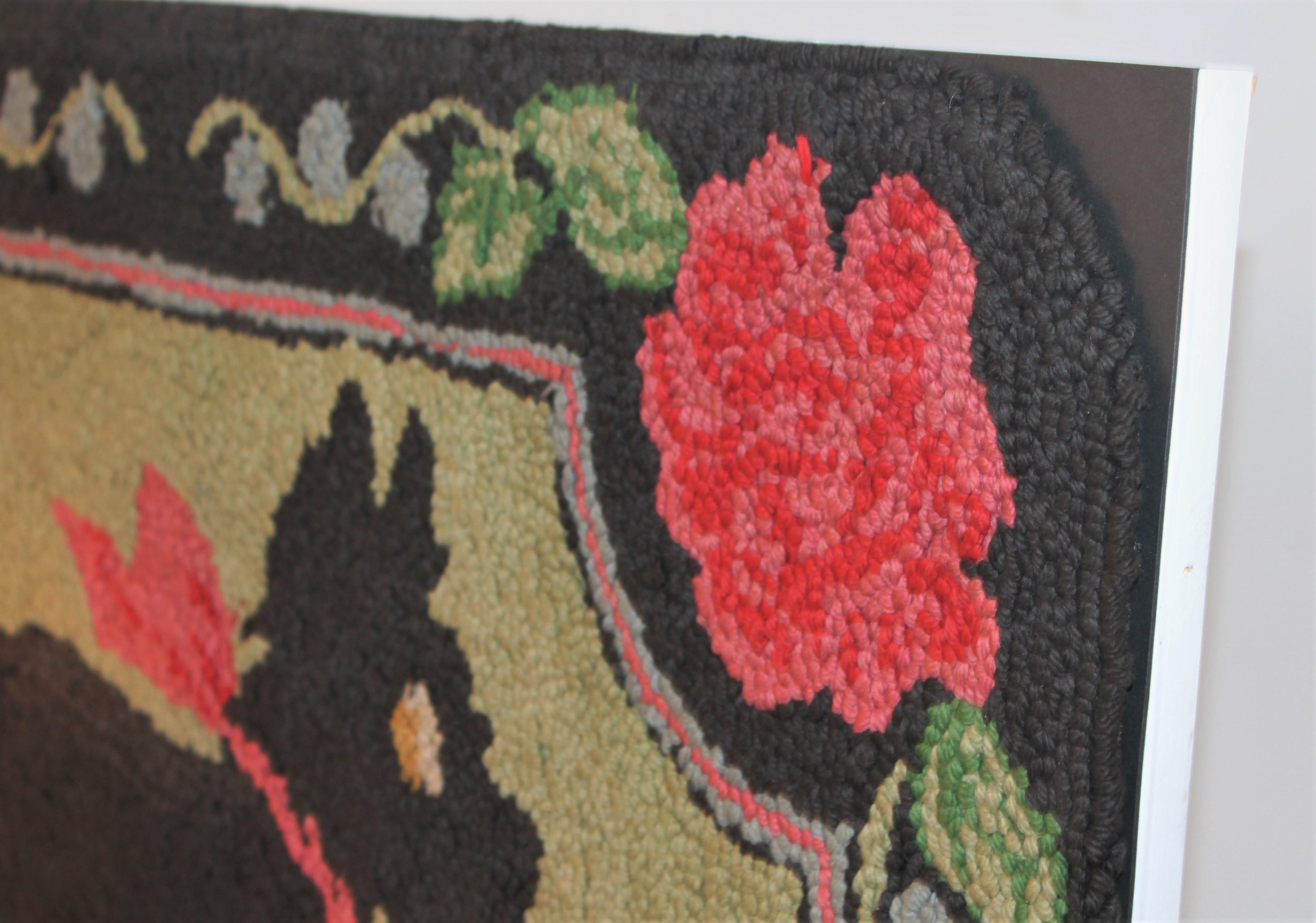Country Scottie Dog Hooked Rug Mounted on Board