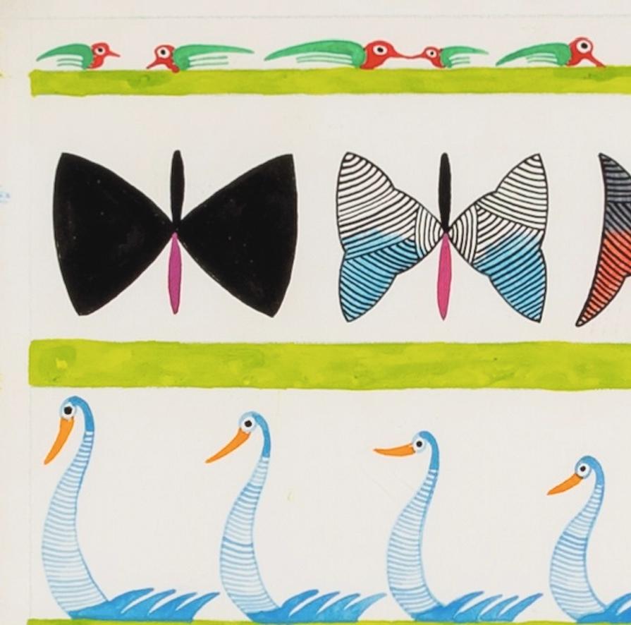 Swans bleues et papillons, vers 1960 - Peinture colorée à la gouache d'animaux - Beige Animal Painting par Scottie Wilson