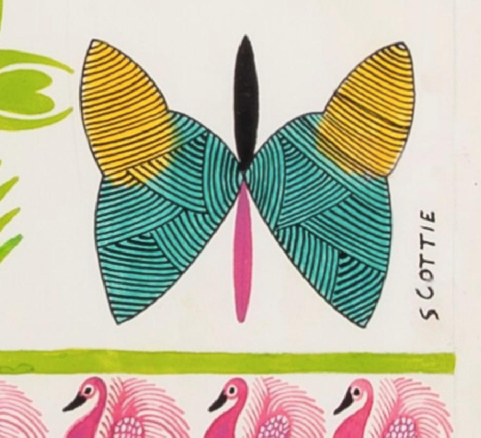 Swans bleues et papillons, vers 1960 - Peinture colorée à la gouache d'animaux en vente 1