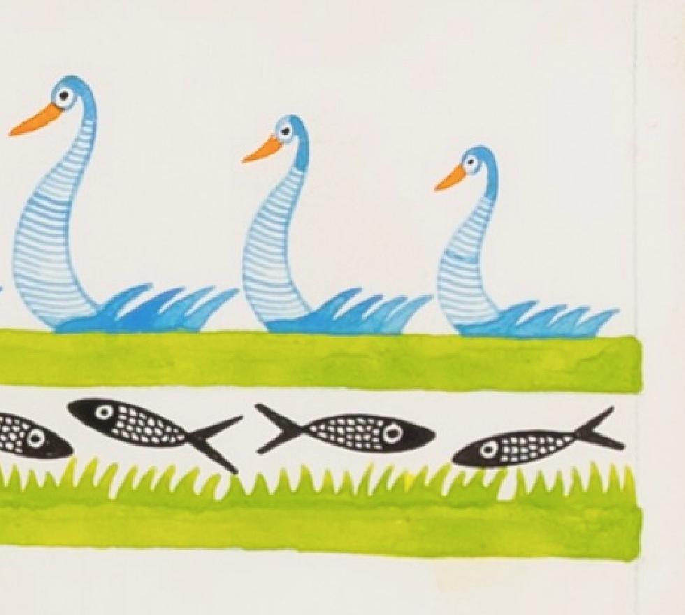 Swans bleues et papillons, vers 1960 - Peinture colorée à la gouache d'animaux en vente 2