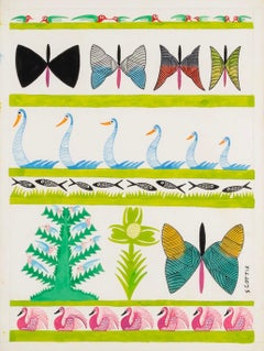 Swans bleues et papillons, vers 1960 - Peinture colorée à la gouache d'animaux