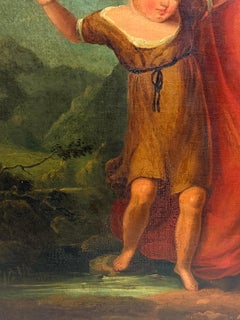 Fine Large Antique Scottish Oil Painting Mother & Daughter in Highland Landscape