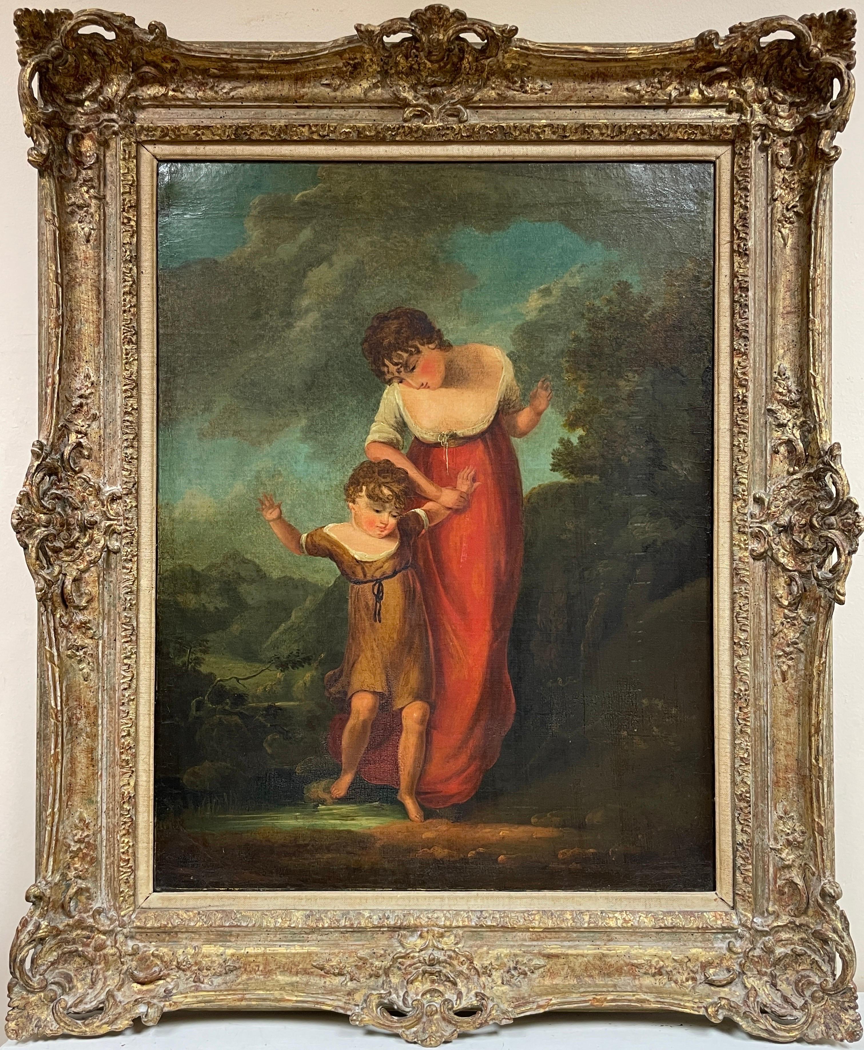 Landscape Painting de Scottish 1800's - Gran óleo escocés antiguo Madre e hija en un paisaje de las Highlands