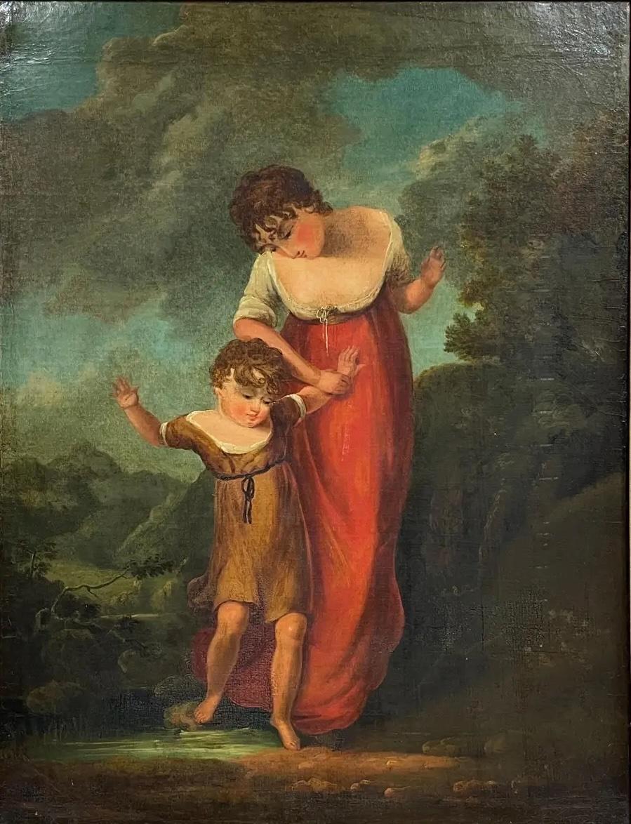 Fine Large Antique Scottish Oil Painting Mother 
Daughter in Highland Landscape