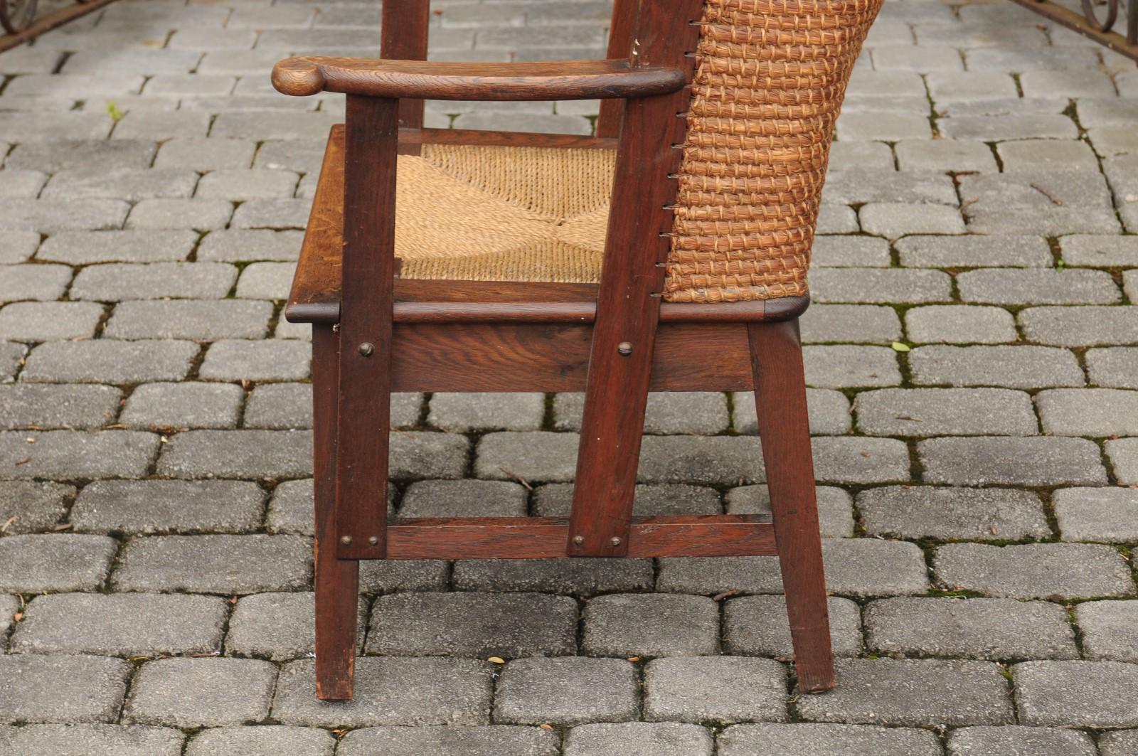 Scottish 1900s Oak Orkney Island Wingback Chair with Handwoven Straw Back 4