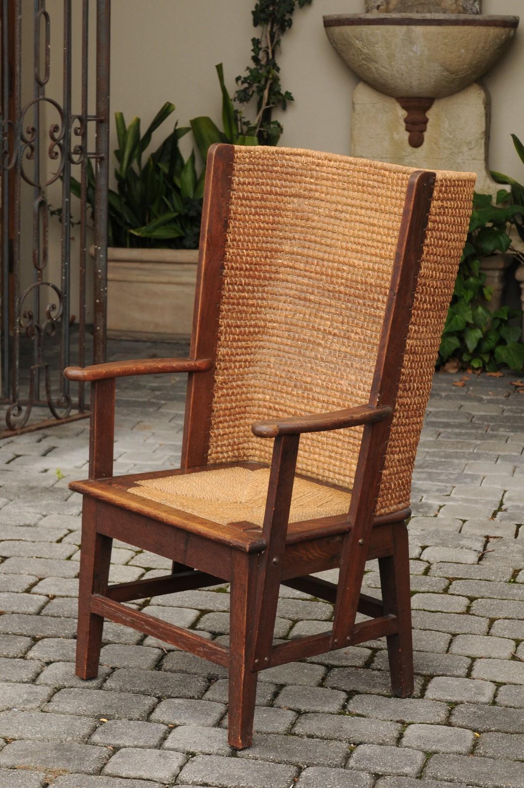 Scottish 1900s Oak Orkney Island Wingback Chair with Handwoven Straw Back 5