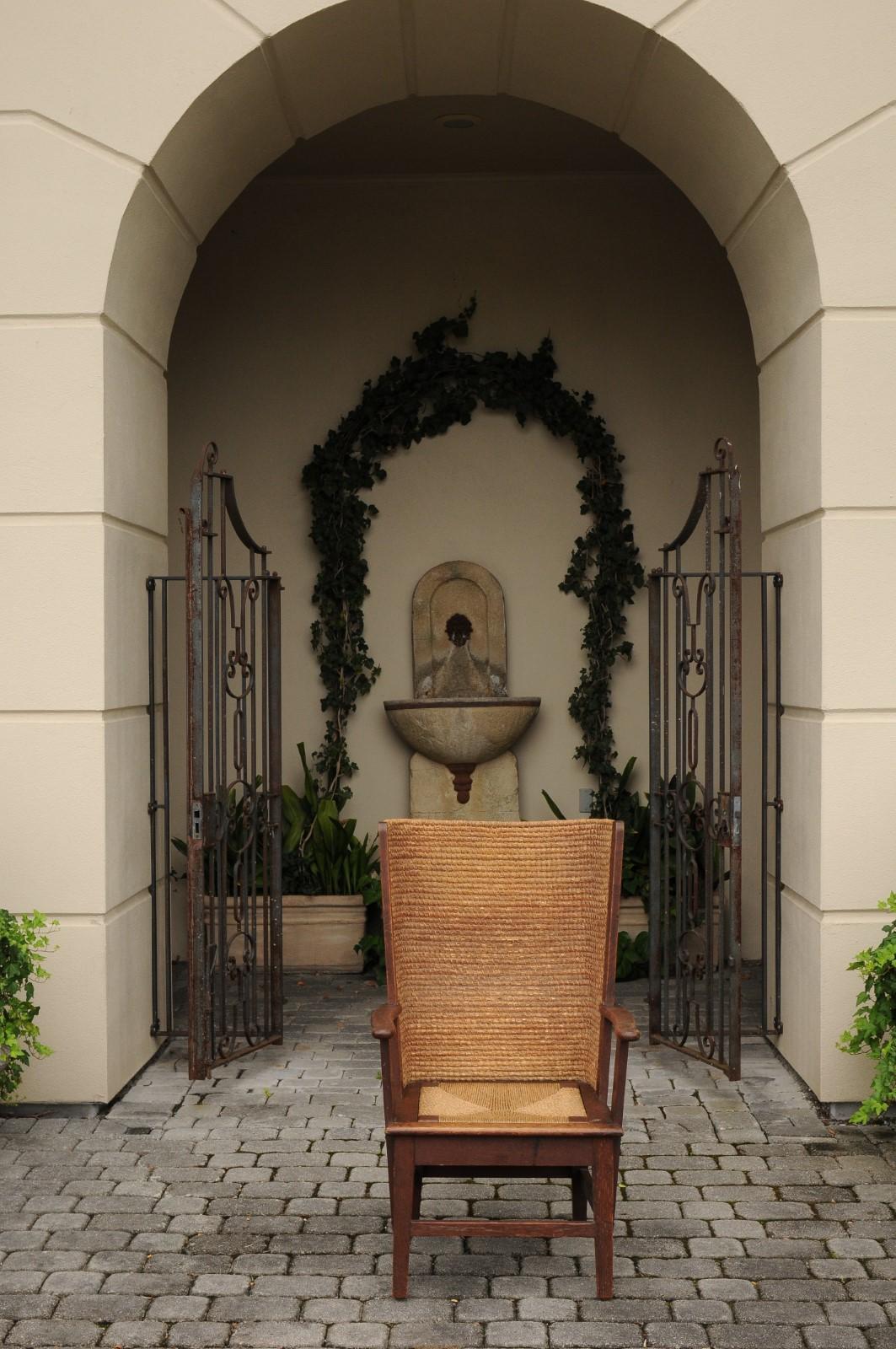 Rustic Scottish 1900s Oak Orkney Island Wingback Chair with Handwoven Straw Back