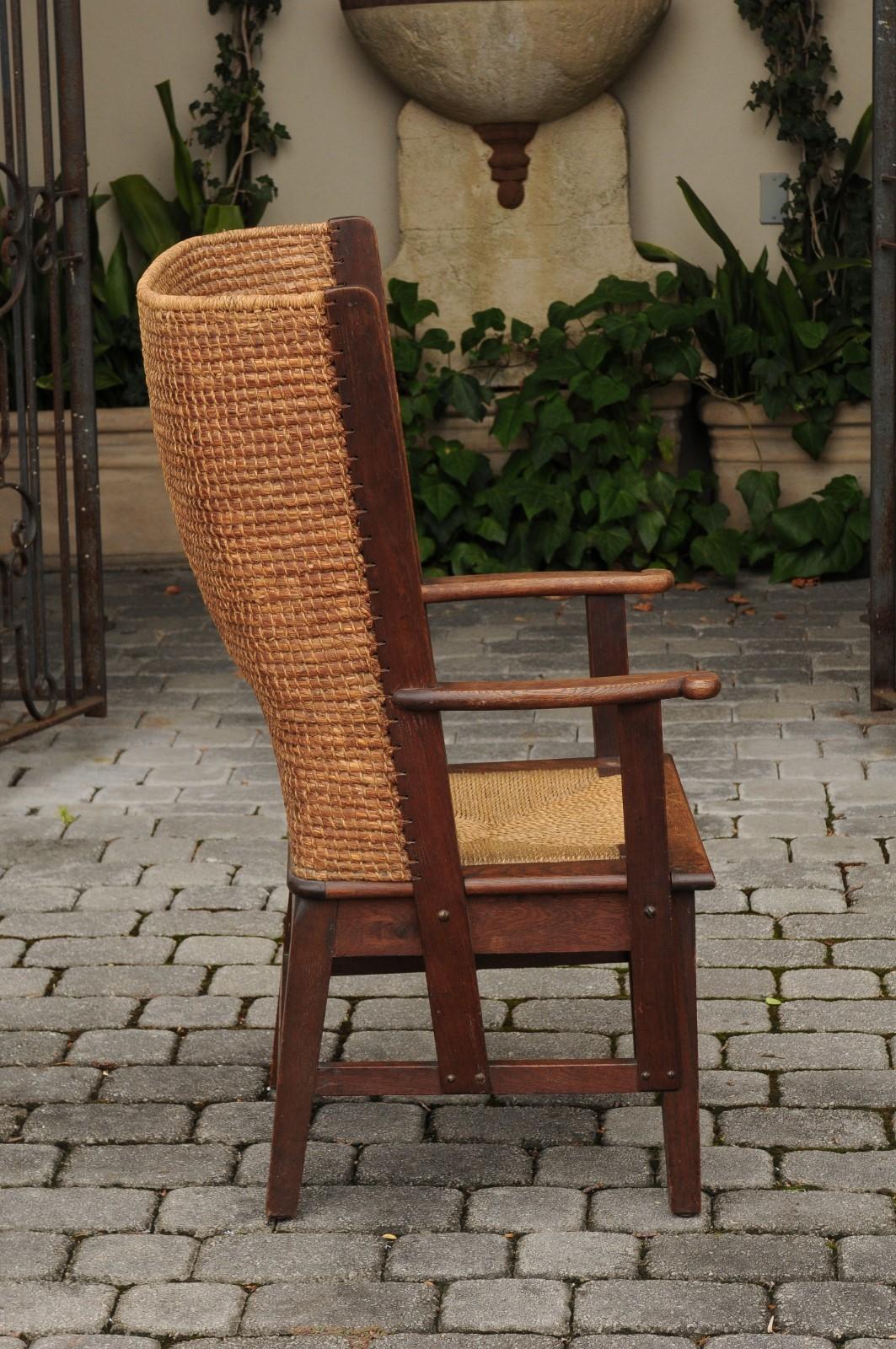 Scottish 1900s Oak Orkney Island Wingback Chair with Handwoven Straw Back In Good Condition In Atlanta, GA