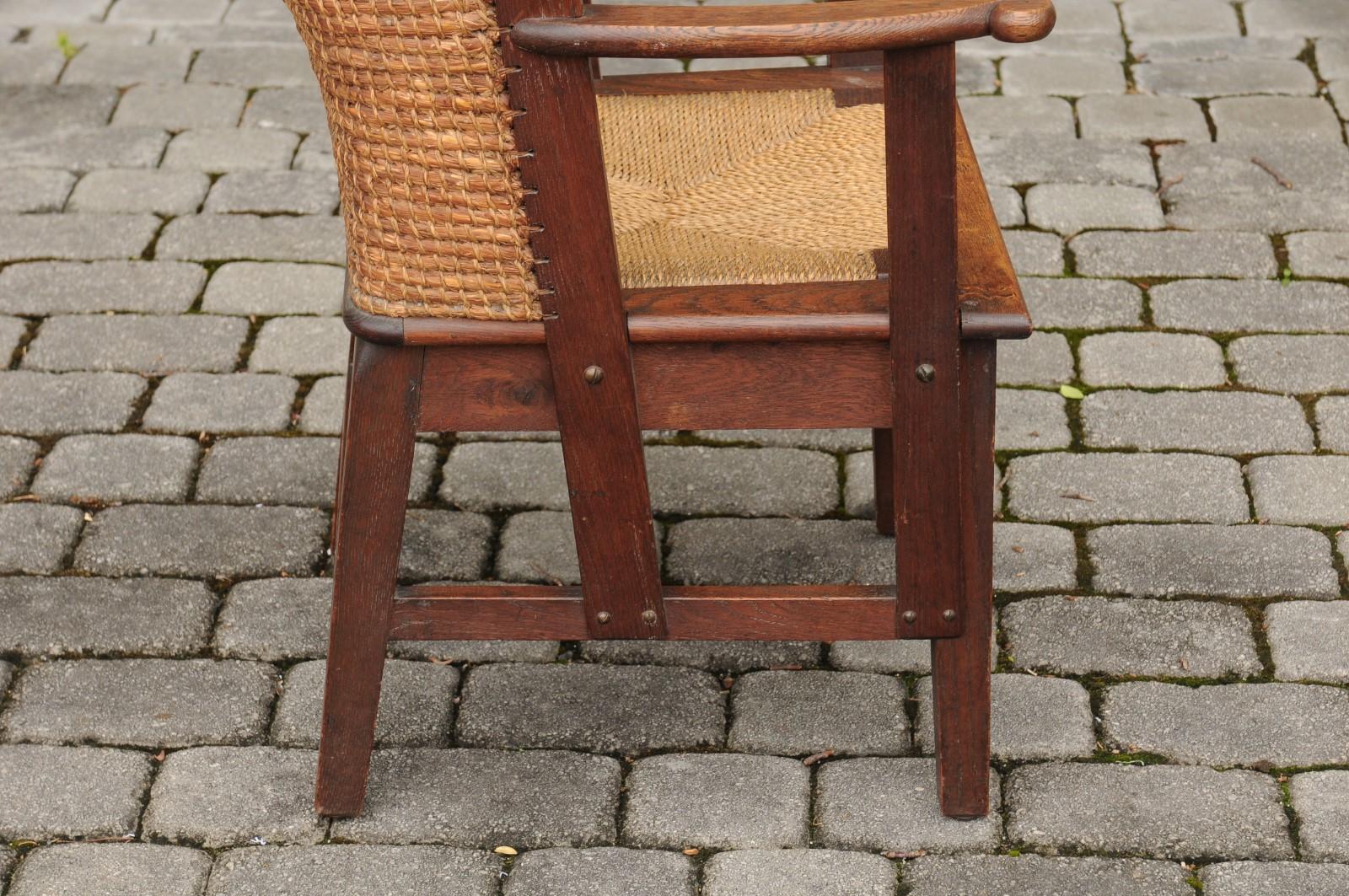 20th Century Scottish 1900s Oak Orkney Island Wingback Chair with Handwoven Straw Back