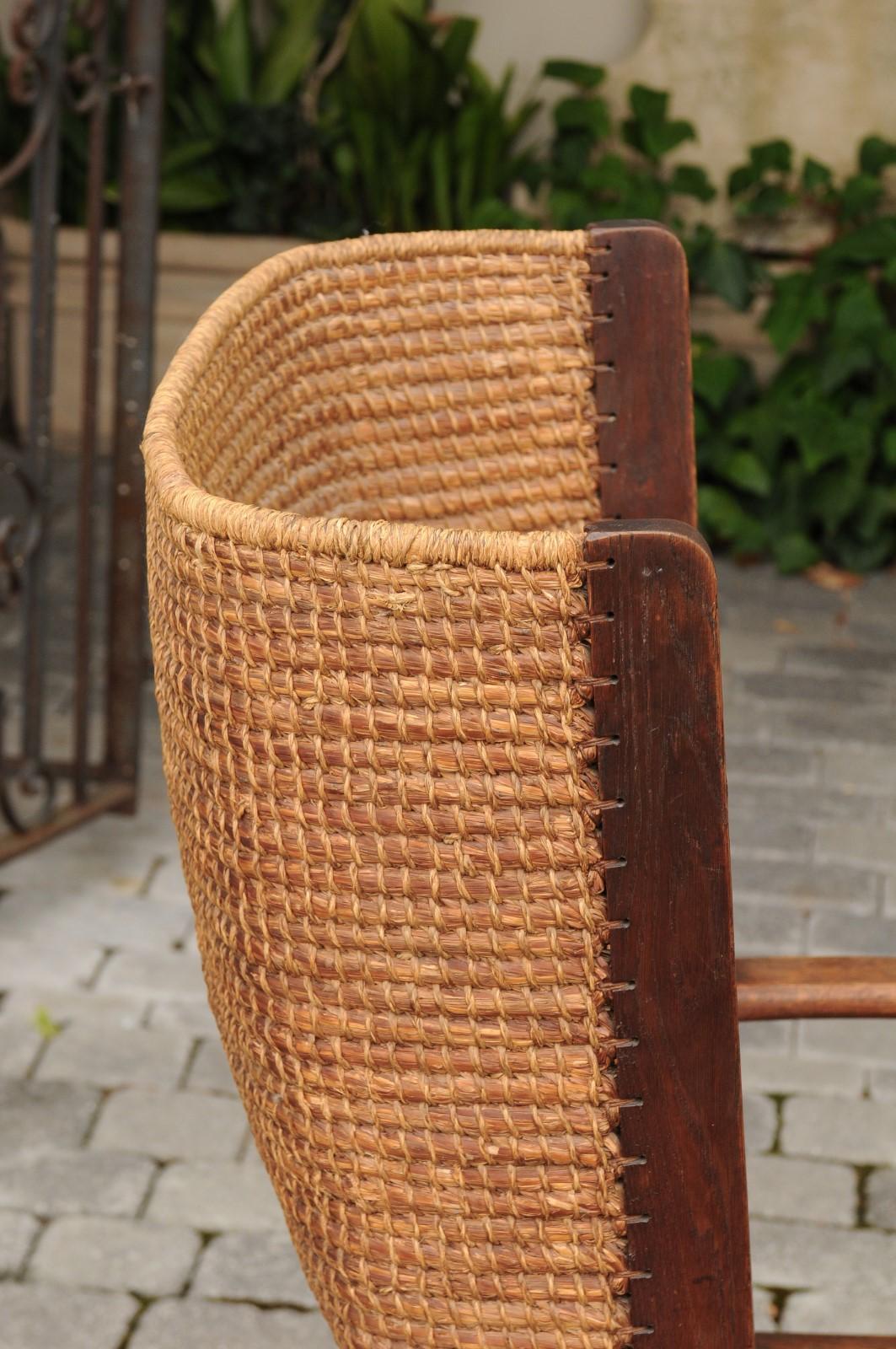 Scottish 1900s Oak Orkney Island Wingback Chair with Handwoven Straw Back 1