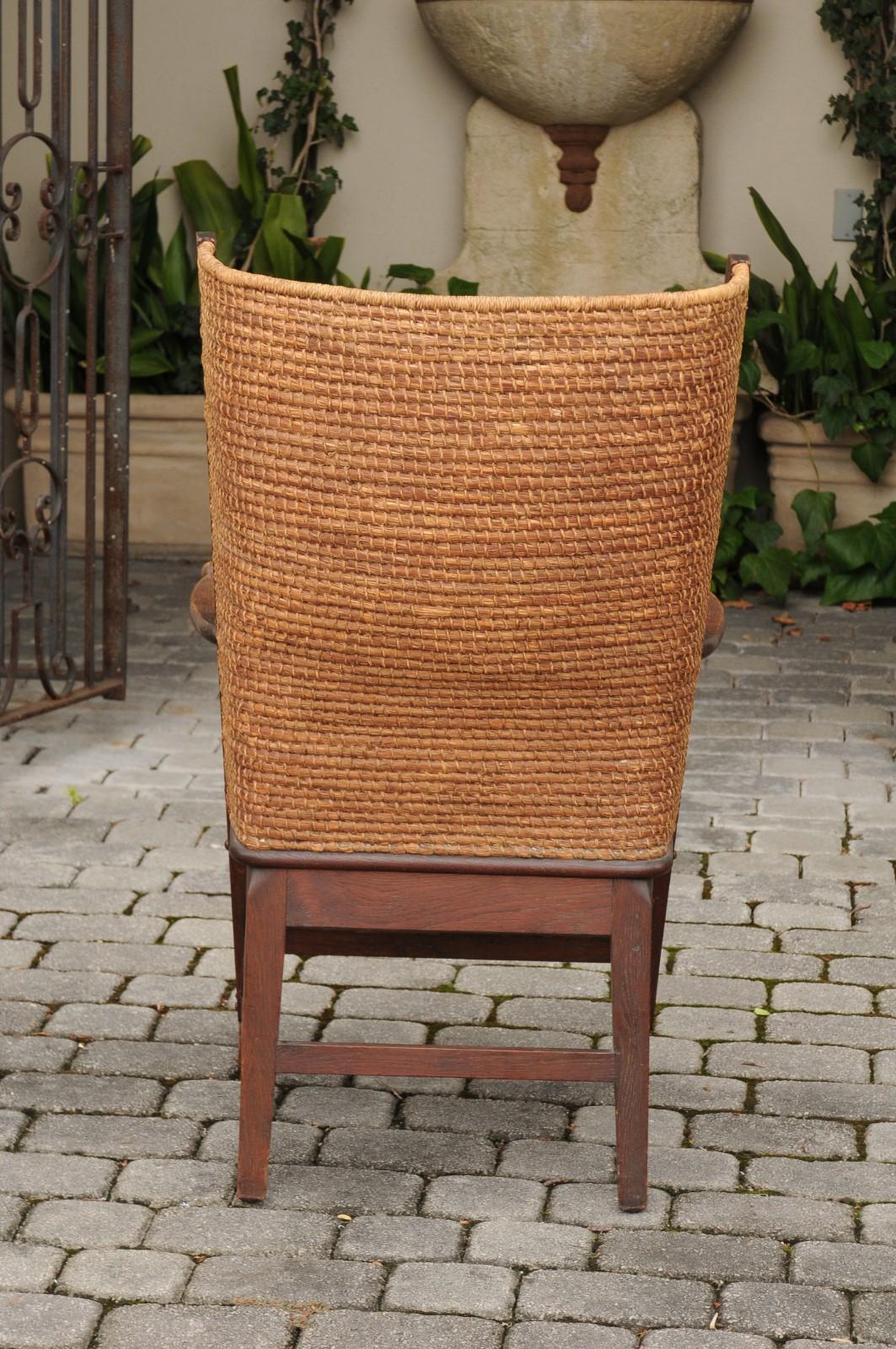 Scottish 1900s Oak Orkney Island Wingback Chair with Handwoven Straw Back 2