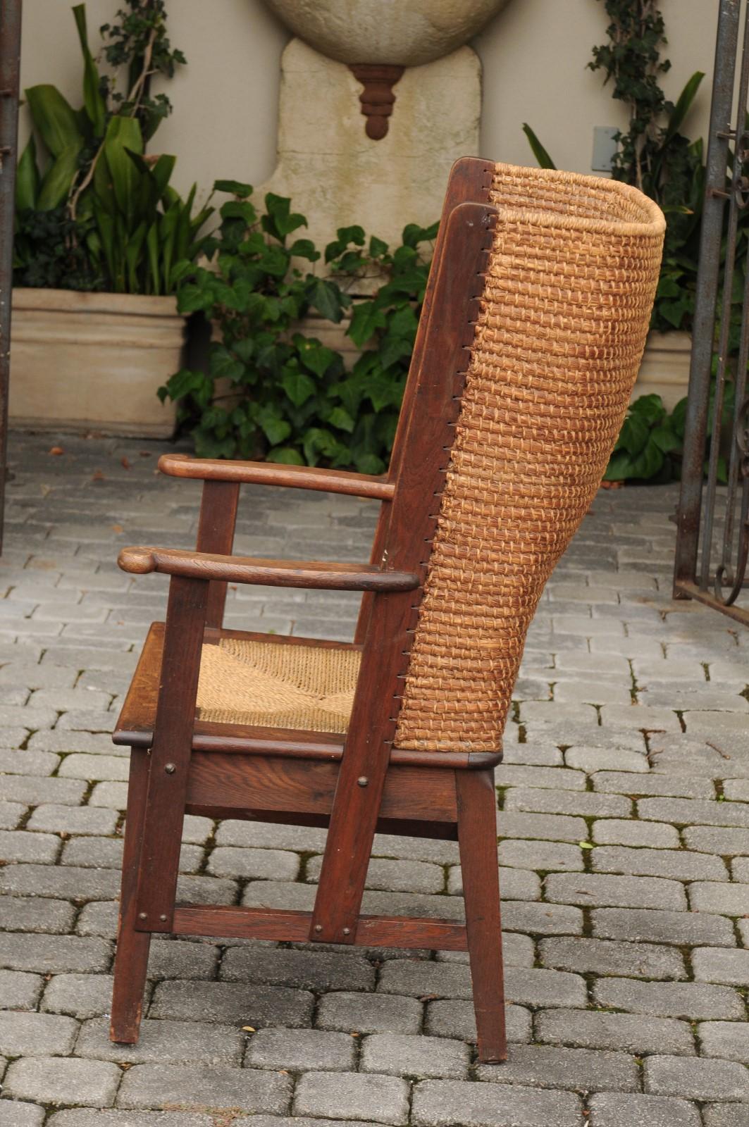 Scottish 1900s Oak Orkney Island Wingback Chair with Handwoven Straw Back 3