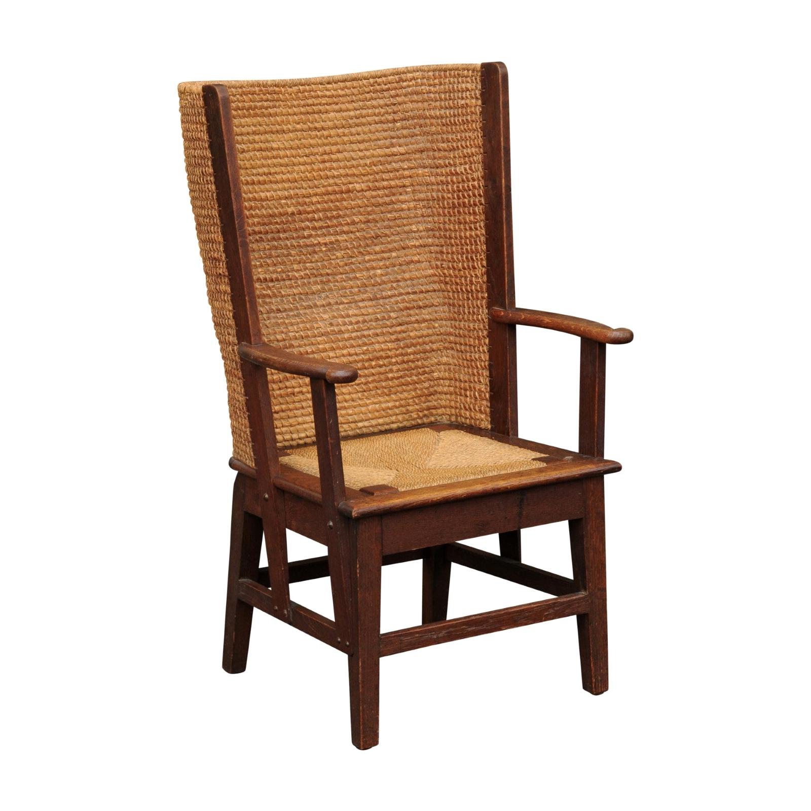 Scottish 1900s Oak Orkney Island Wingback Chair with Handwoven Straw Back