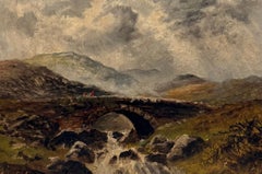 Antique Scottish Signed Oil Painting Figures Highland Stone Bridge River Scene