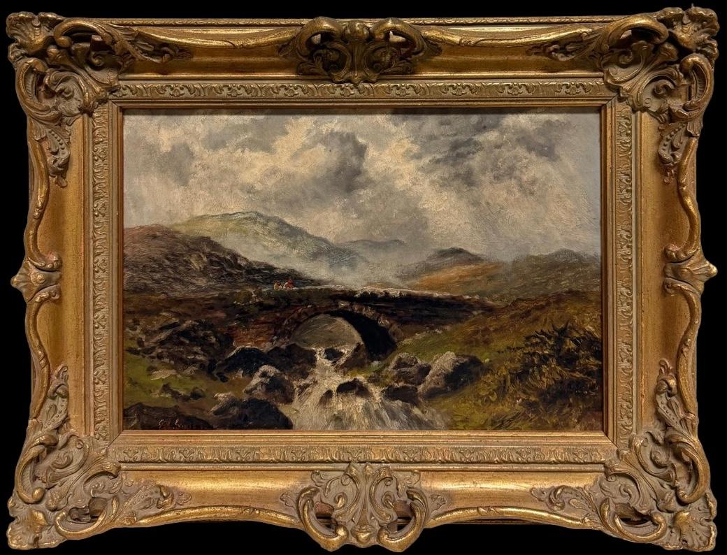 Antique Scottish Signed Oil Painting Figures Highland Stone Bridge River Scene