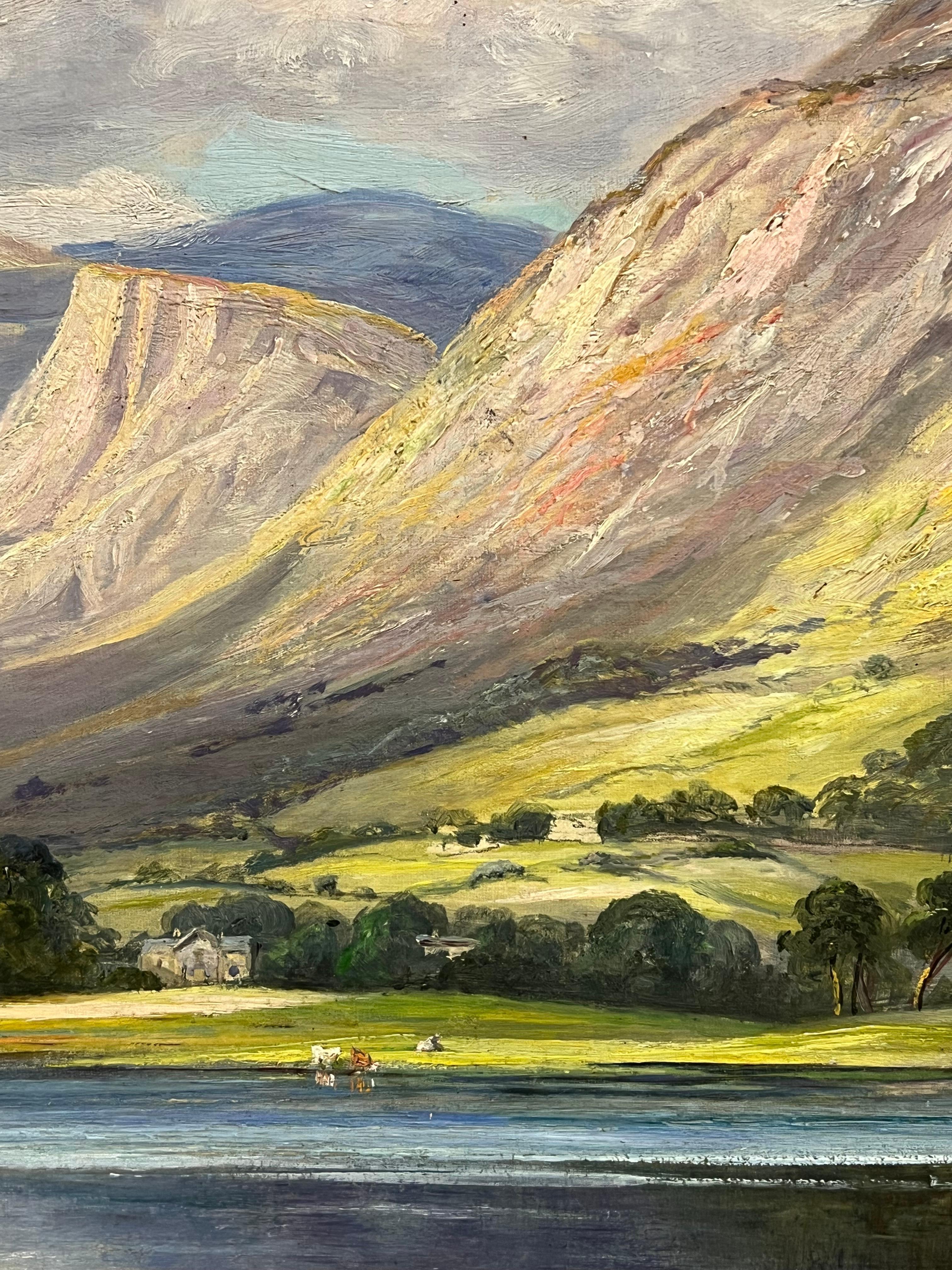 Gran paisaje escocés de las Highlands del siglo XIX Figuras y agua del lago Firmado 9