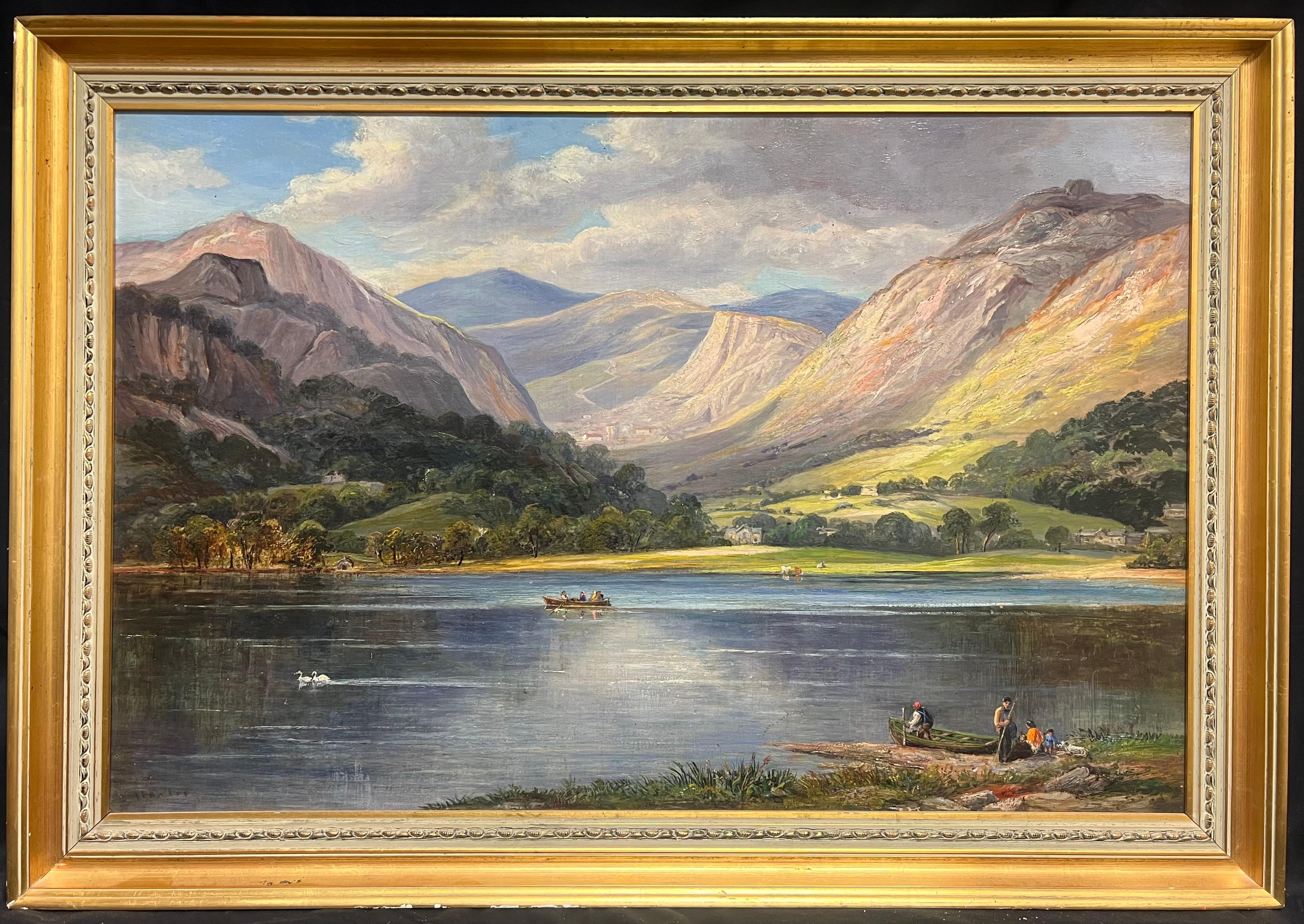 Gran paisaje escocés de las Highlands del siglo XIX Figuras y agua del lago Firmado - Painting de Scottish, 19th Century