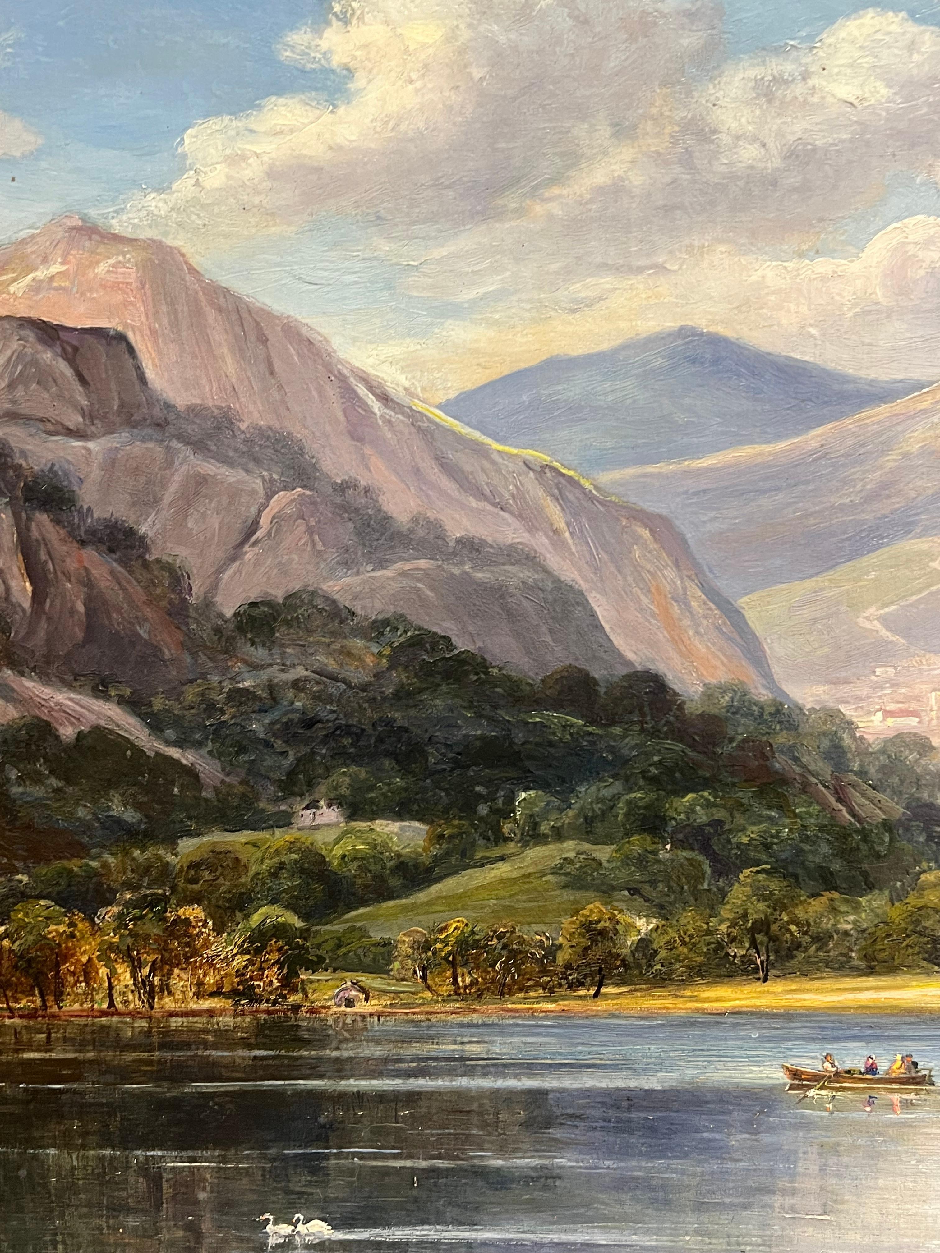 Gran paisaje escocés de las Highlands del siglo XIX Figuras y agua del lago Firmado - Painting Victoriano de Scottish, 19th Century