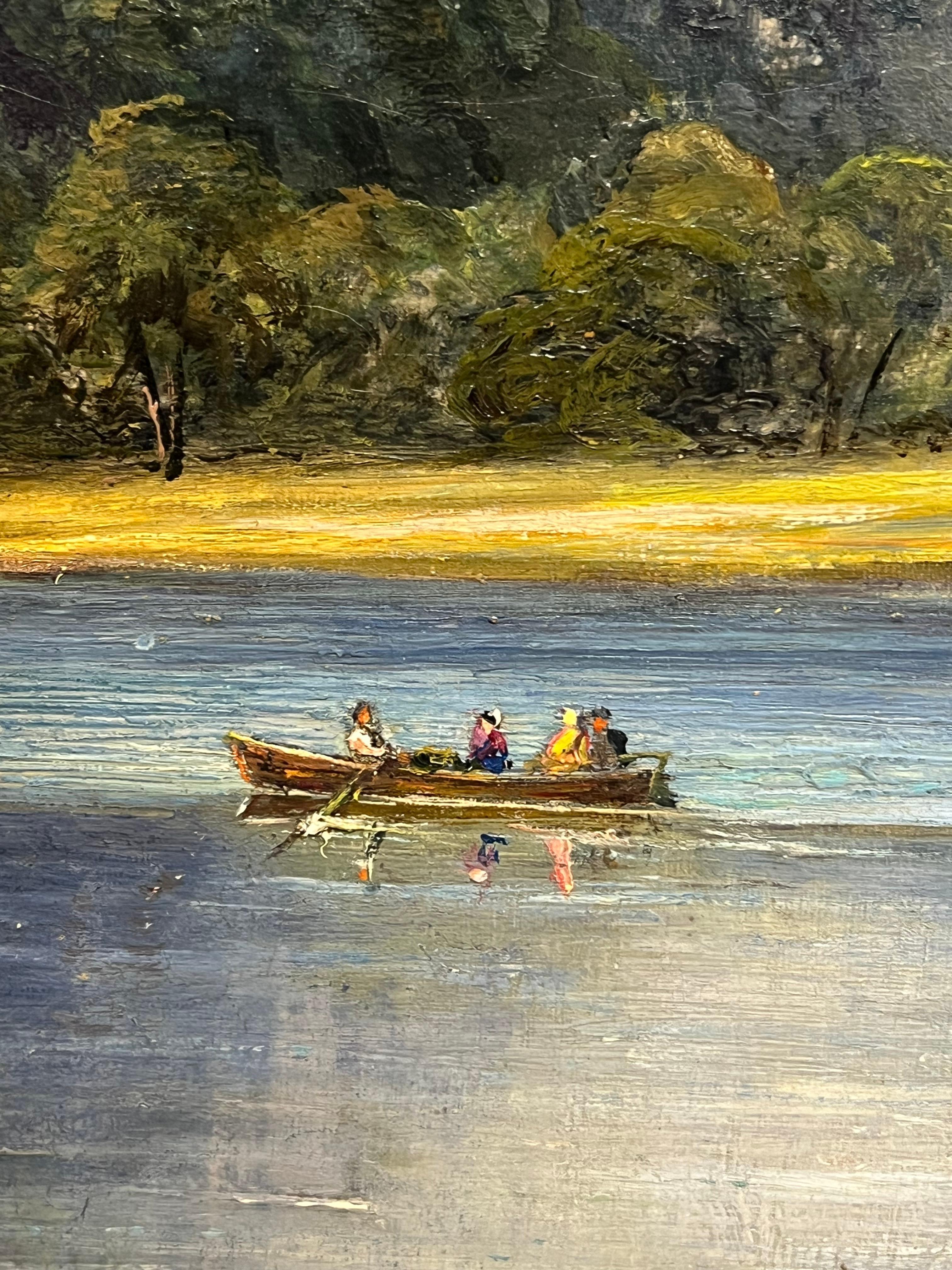Gran paisaje escocés de las Highlands del siglo XIX Figuras y agua del lago Firmado - Landscape Painting Gris de Scottish, 19th Century