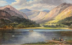 Gran paisaje escocés de las Highlands del siglo XIX Figuras y agua del lago Firmado