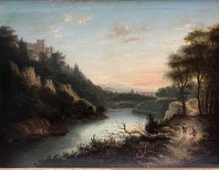 Antique 19th century Scottish Oil Painting Castle on Hill overlooking River