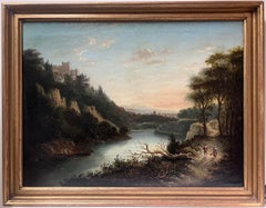 Peinture à l'huile écossaise ancienne du 19ème siècle, château sur colline donnant sur la rivière