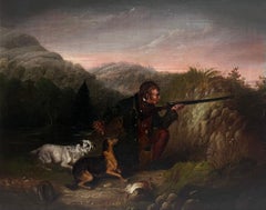 Belle peinture à l'huile d'art sportif écossais des années 1800 Gentleman tirant avec un fusil et un chien