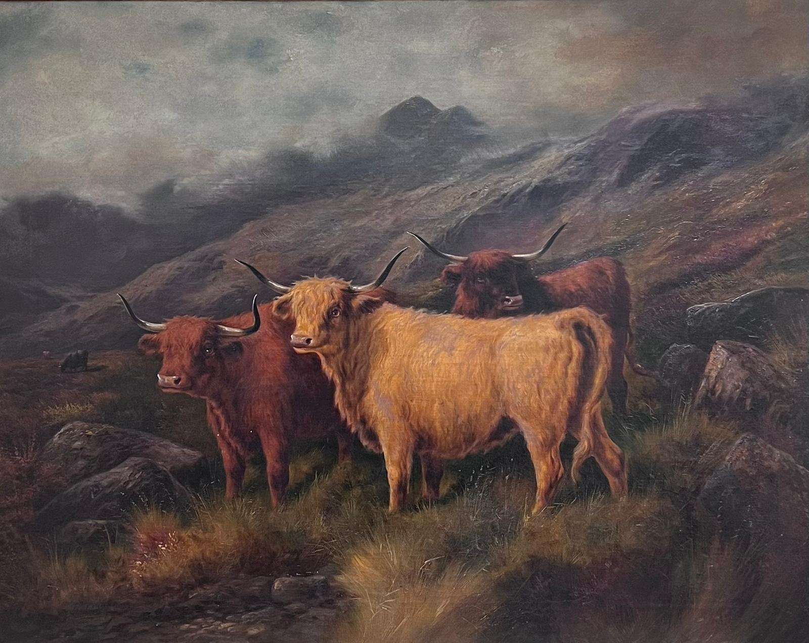Großes viktorianisches schottisches Ölgemälde Highland Cattle Brooding schottische Landschaft – Painting von Scottish 19th Century